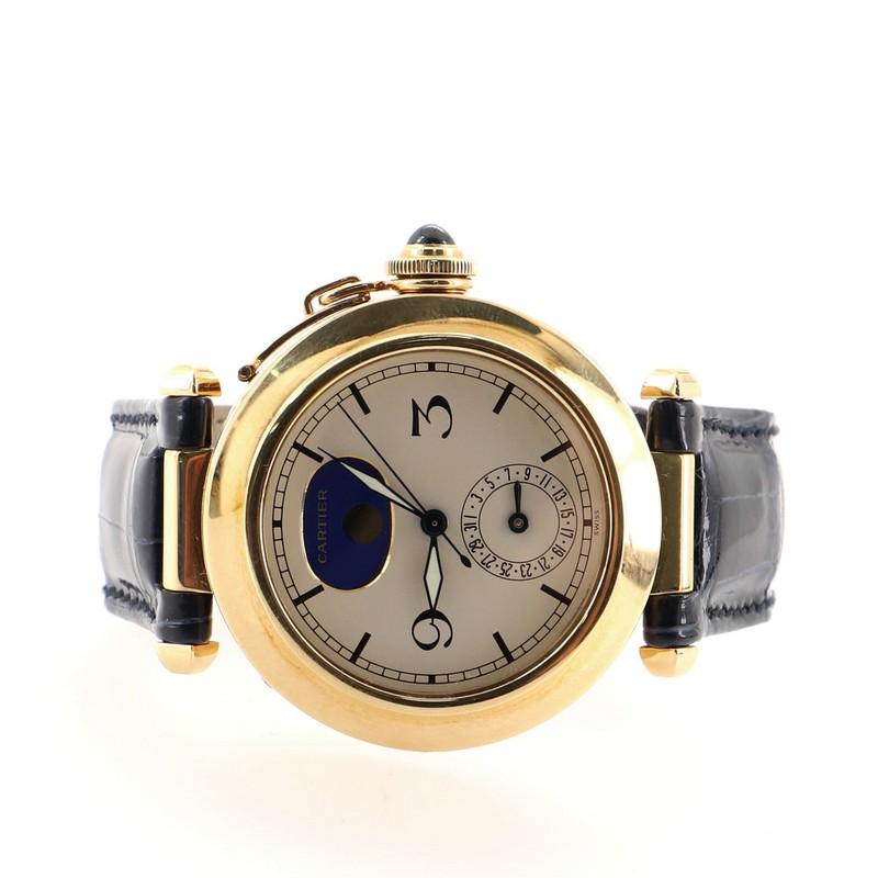 Women's or Men's Cartier Pasha Moonphase Date Quartz Watch Yellow Gold and Crocodile 38