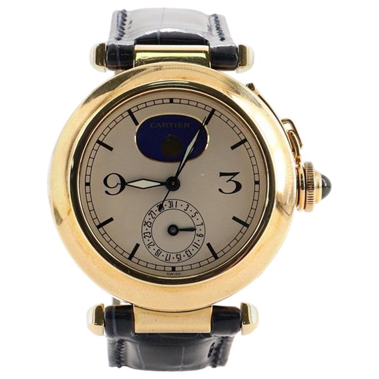 Cartier Pasha Moonphase Date Quartz Watch Yellow Gold and Crocodile 38