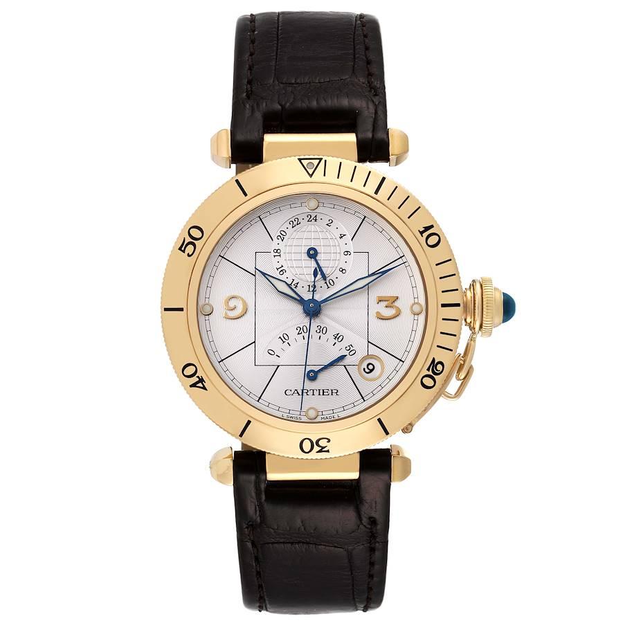Cartier Pascha Power Reserve GMT 18K Gelbgold Herrenuhr W30144D1. Automatisches Uhrwerk mit Selbstaufzug. 18K Gelbgold Rundes Gehäuse mit einem Durchmesser von 38,0 mm. Transparenter Gehäuseboden mit 8 Schrauben, schräge Lünette, Vendome-Anstöße,