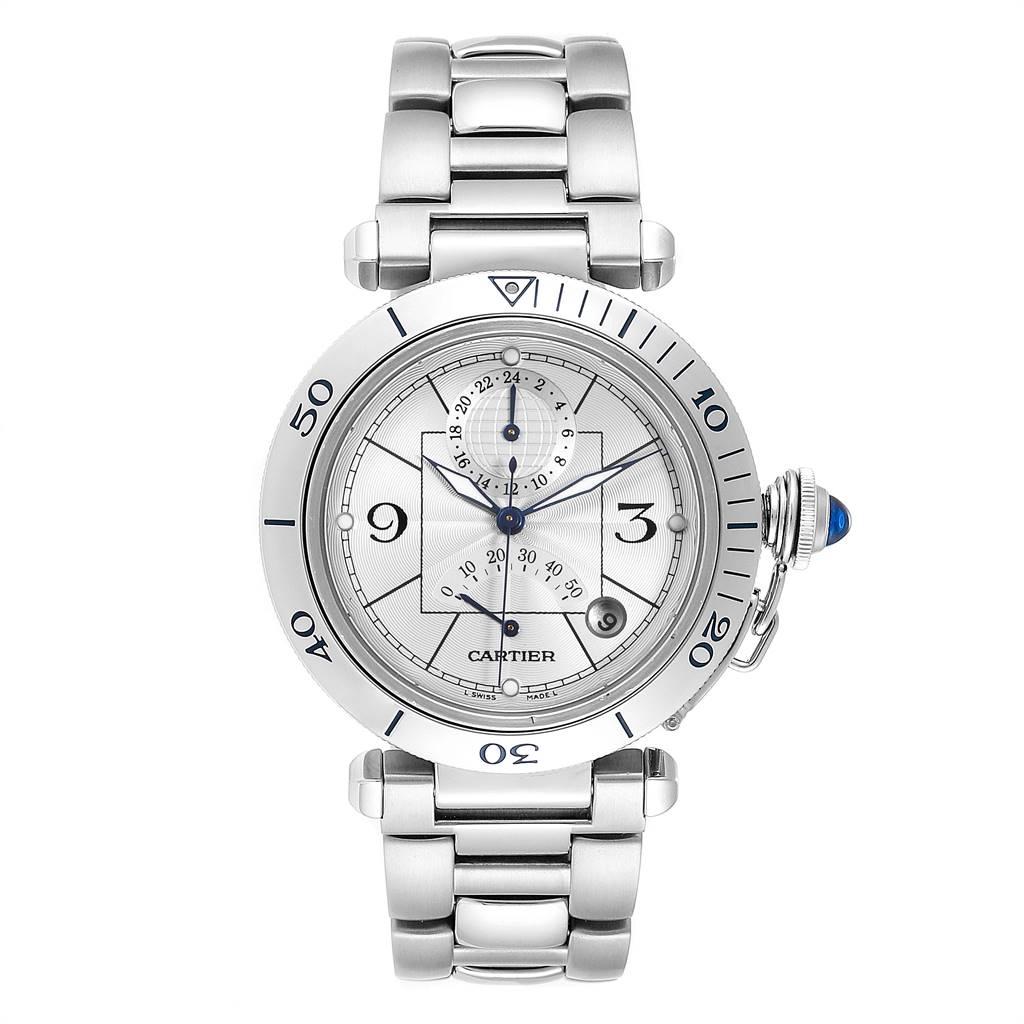 Cartier Pasha Power Reserve GMT Steel Mens Watch W31037H3 Papers. Automatic self-winding movement. Round three-body stainless steel case 38.0 mm in diameter. Transparent case back with 8 screws, inclined bezel, Vendome-type lugs, winding-crown with