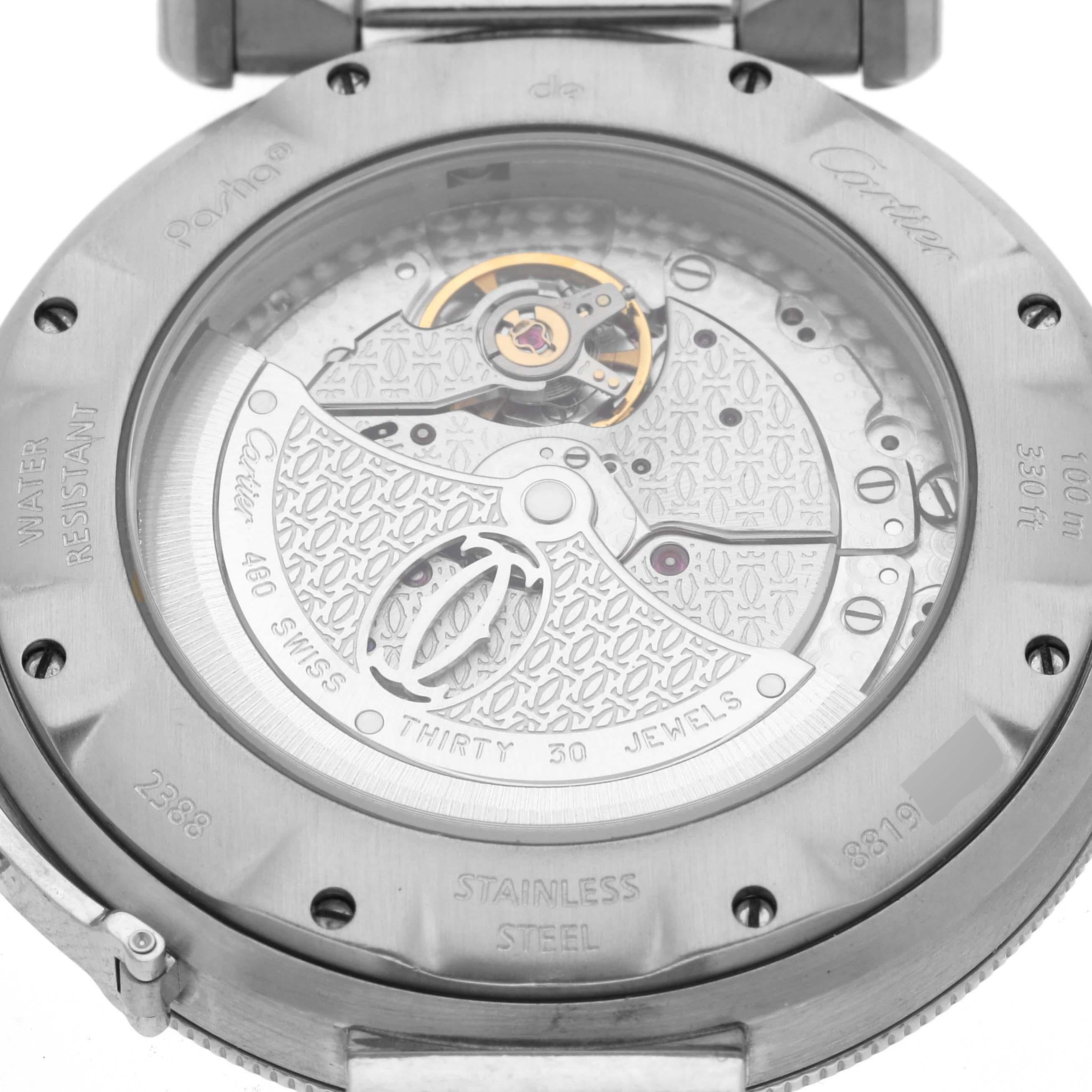 Cartier Pasha Power Reserve Silver Dial Steel Mens Watch W31037H3. Automatic self-winding movement. Round three-body stainless steel case 38.0 mm in diameter. Transparent exhibition sapphire crystal caseback with 8 screws. Inclined bezel,