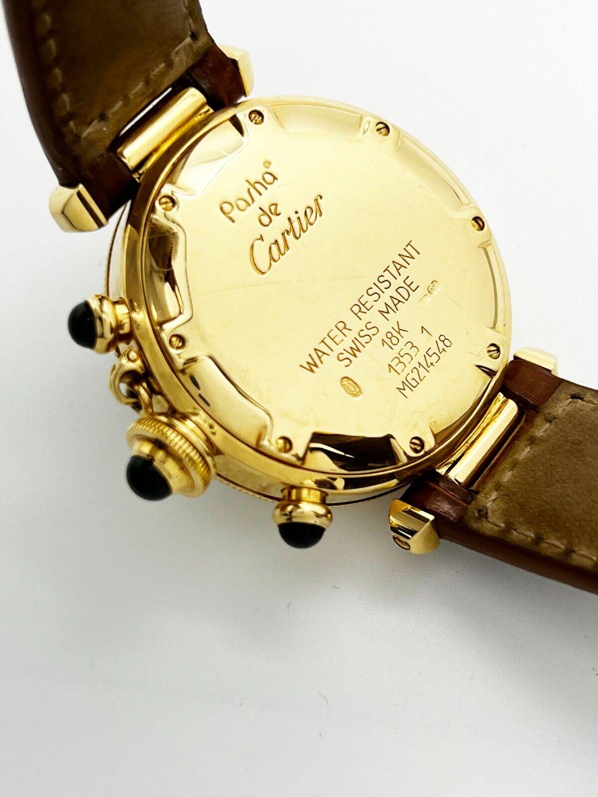 Cartier Pasha Ref 1353 Chronograph 18K Yellow Gold 35mm Leather Strap For Sale 4