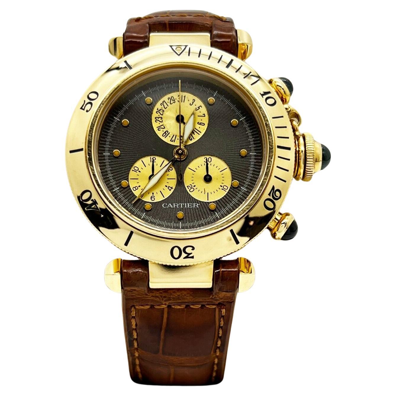 Cartier Pasha Ref 1353 Chronograph 18K Yellow Gold 35mm Leather Strap For Sale