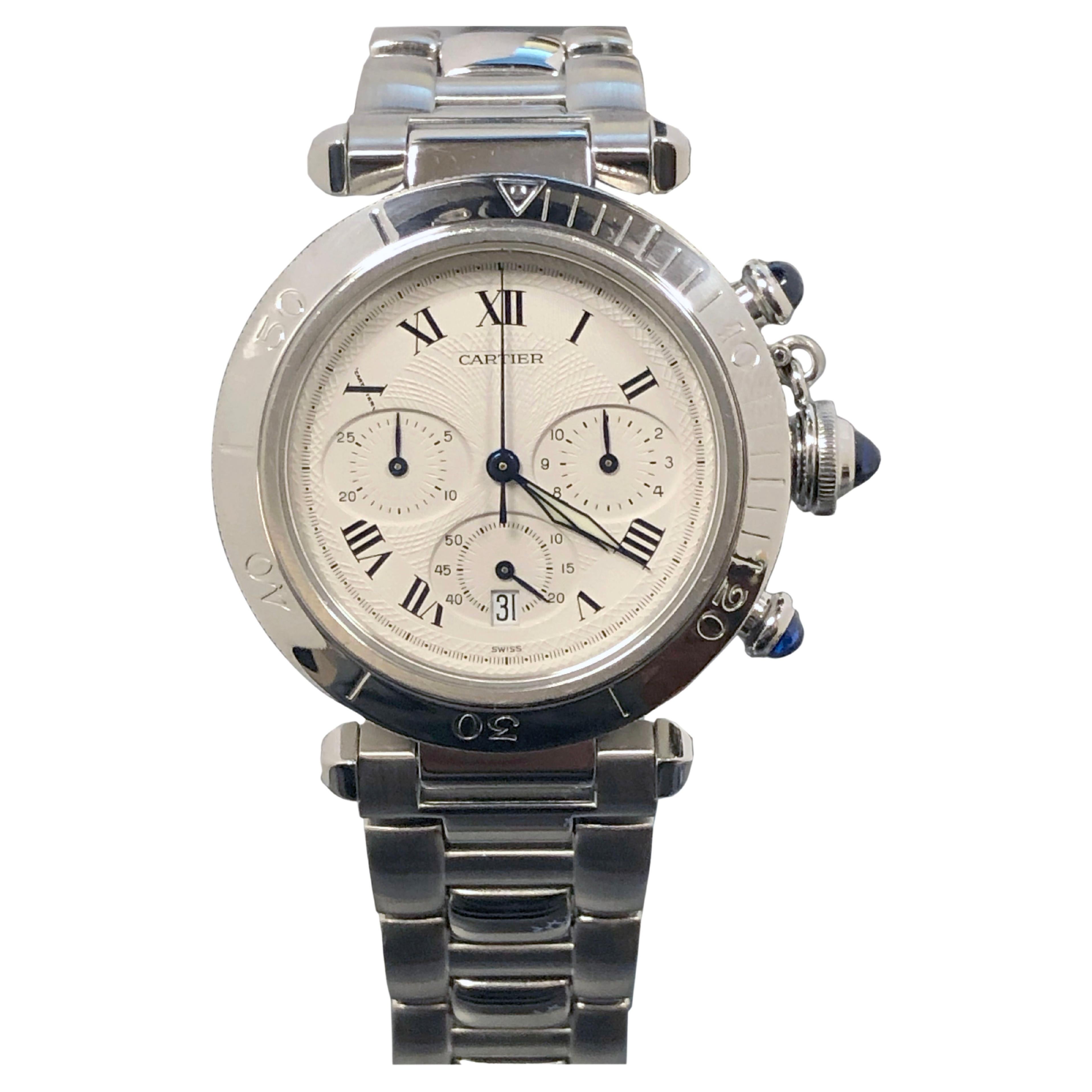 Cartier Pasha Reference 1050 Steel Quartz Chronograph Wrist Watch For Sale