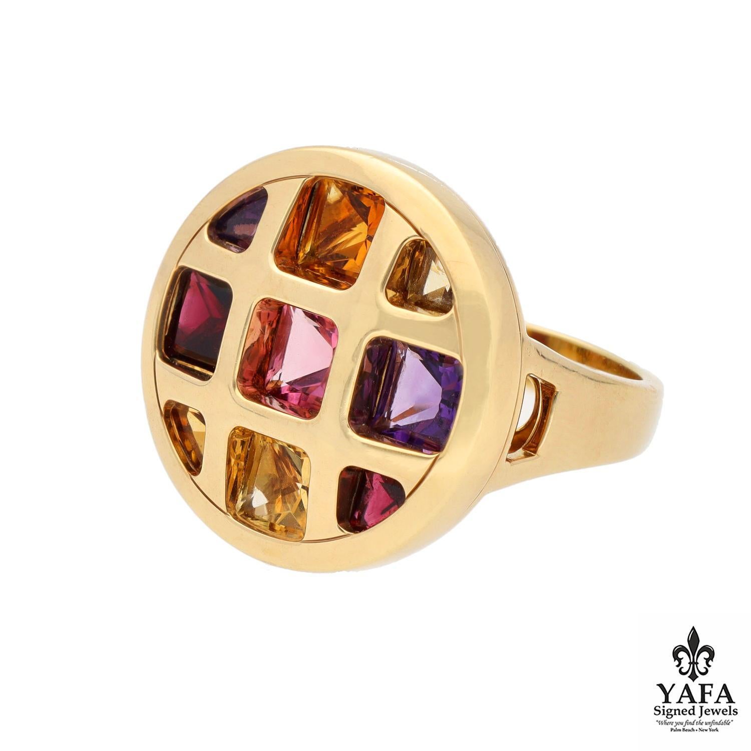 Fabulous 18K Yellow Gold Pasha Collection Ring with 9 Multi Colored Semi Precious Stones. Square and Triangle Shaped Gemstones Including Pink and Yellow Tourmalines, Amethysts, Red Garnets, and Citrines. The Ring is Finished with a Plain Shank and