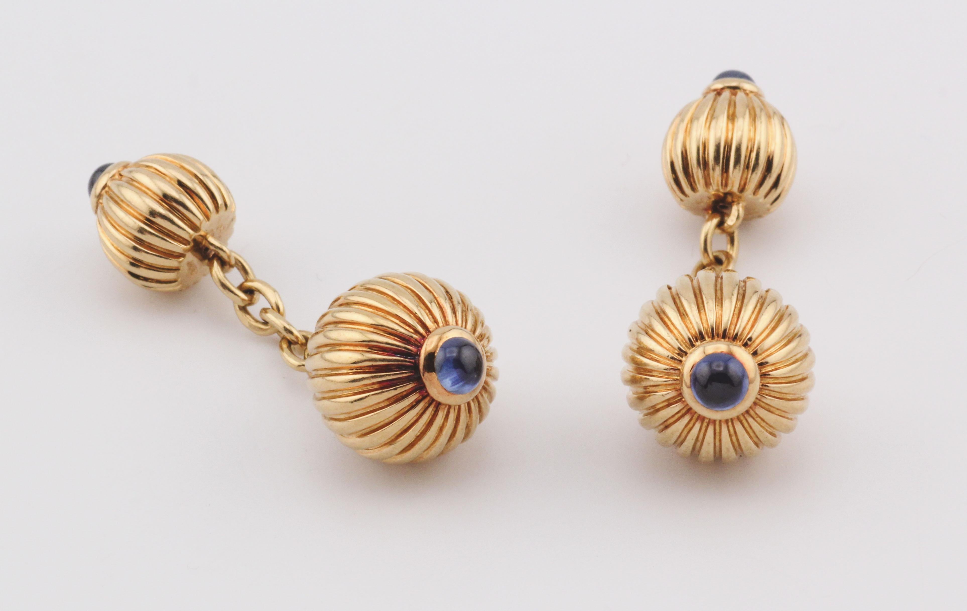 Cabochon Cartier Pasha Sapphire 18k Yellow Gold Ribbed Cufflinks For Sale