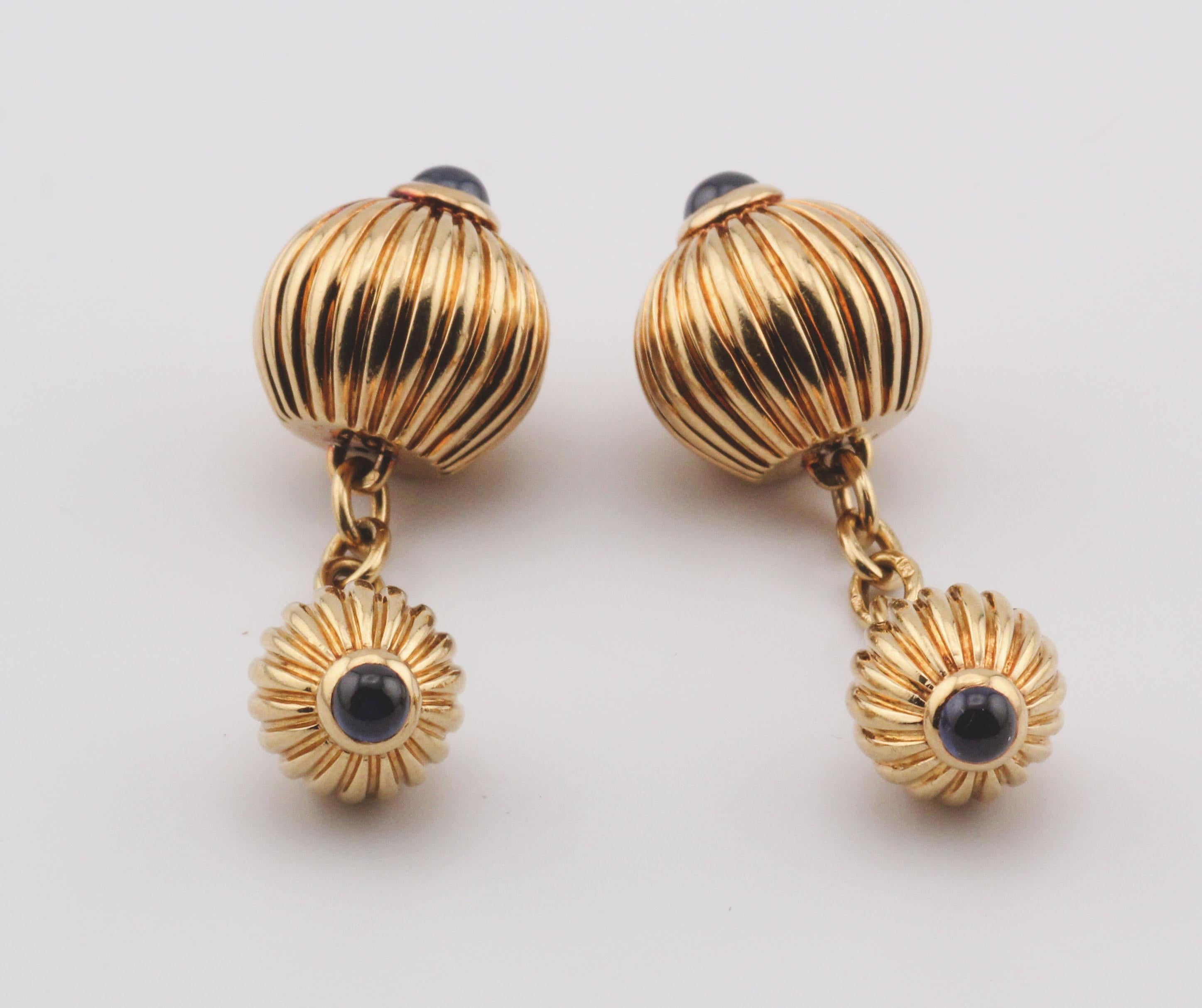 Men's Cartier Pasha Sapphire 18k Yellow Gold Ribbed Cufflinks For Sale
