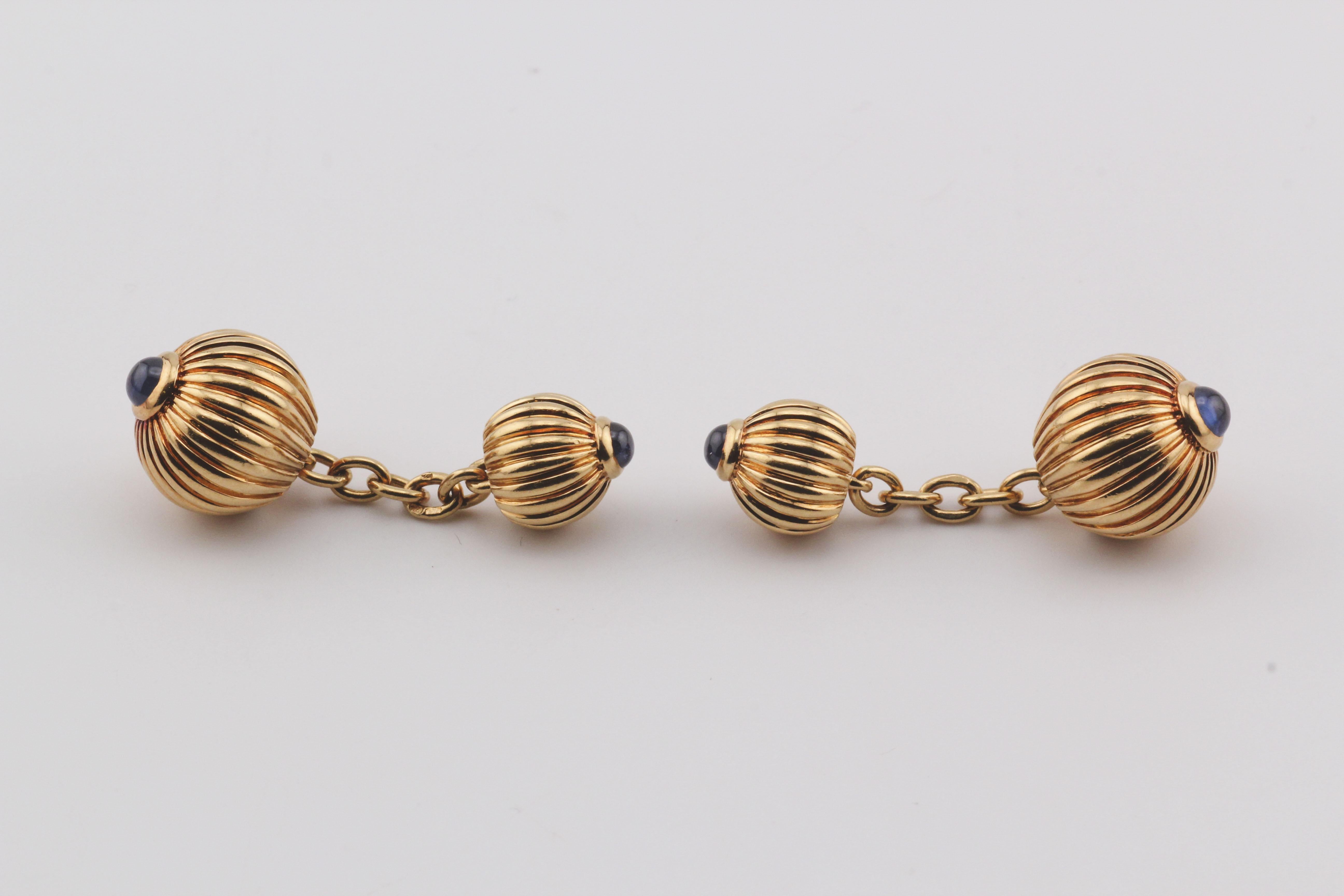 Cartier Pasha Sapphire 18k Yellow Gold Ribbed Cufflinks For Sale 1