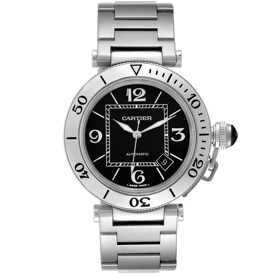 Cartier Pasha Seatimer Black Dial Automatic Steel Mens Watch W31077M7 Box Papers. Automatic self-winding movement. Caliber 049. Round stainless steel case 40.5 mm in diameter. Includes a screw down crown cover with a faceted ceramic cabochon.