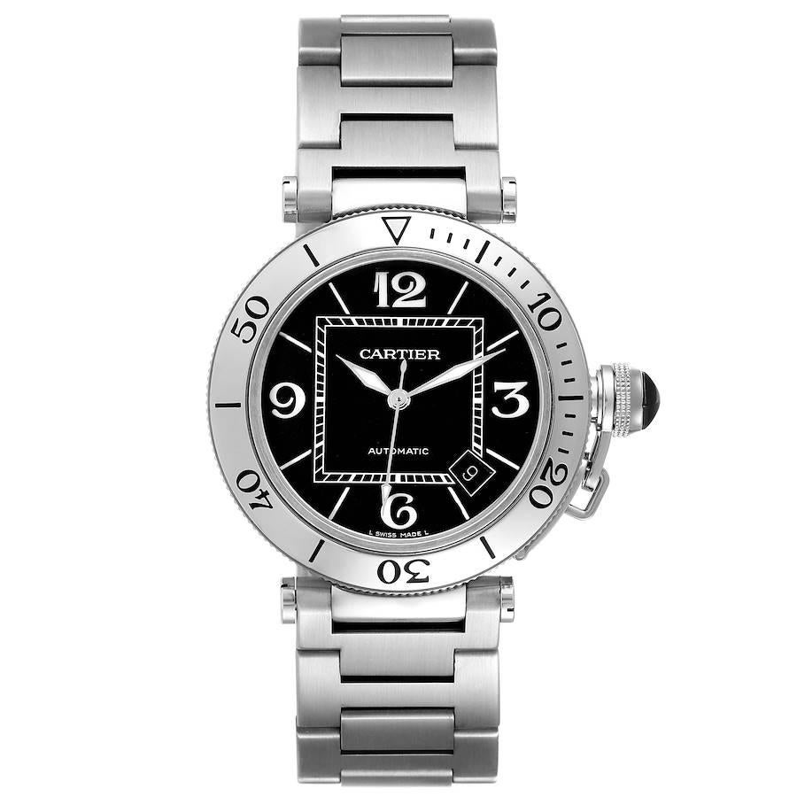 Cartier Pasha Seatimer Black Dial Automatic Steel Mens Watch W31077M7. Automatic self-winding movement. Caliber 049. Round stainless steel case 40.5 mm in diameter. Includes a screw down crown cover with a faceted ceramic cabochon. Unidirectional