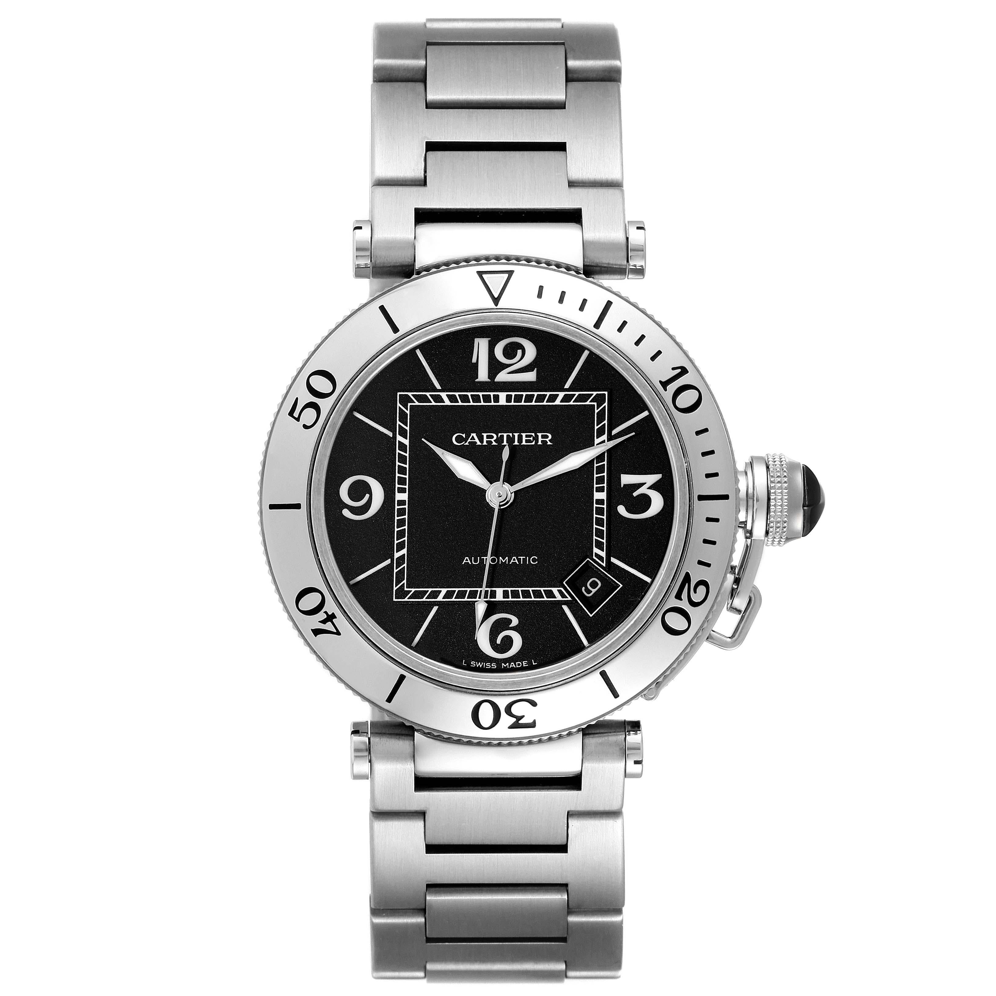 Cartier Pasha Seatimer Black Dial Automatic Steel Mens Watch W31077M7. Automatic self-winding movement. Caliber 049. Round stainless steel case 40.5 mm in diameter. Includes a screw down crown cover with a faceted ceramic cabochon. Unidirectional