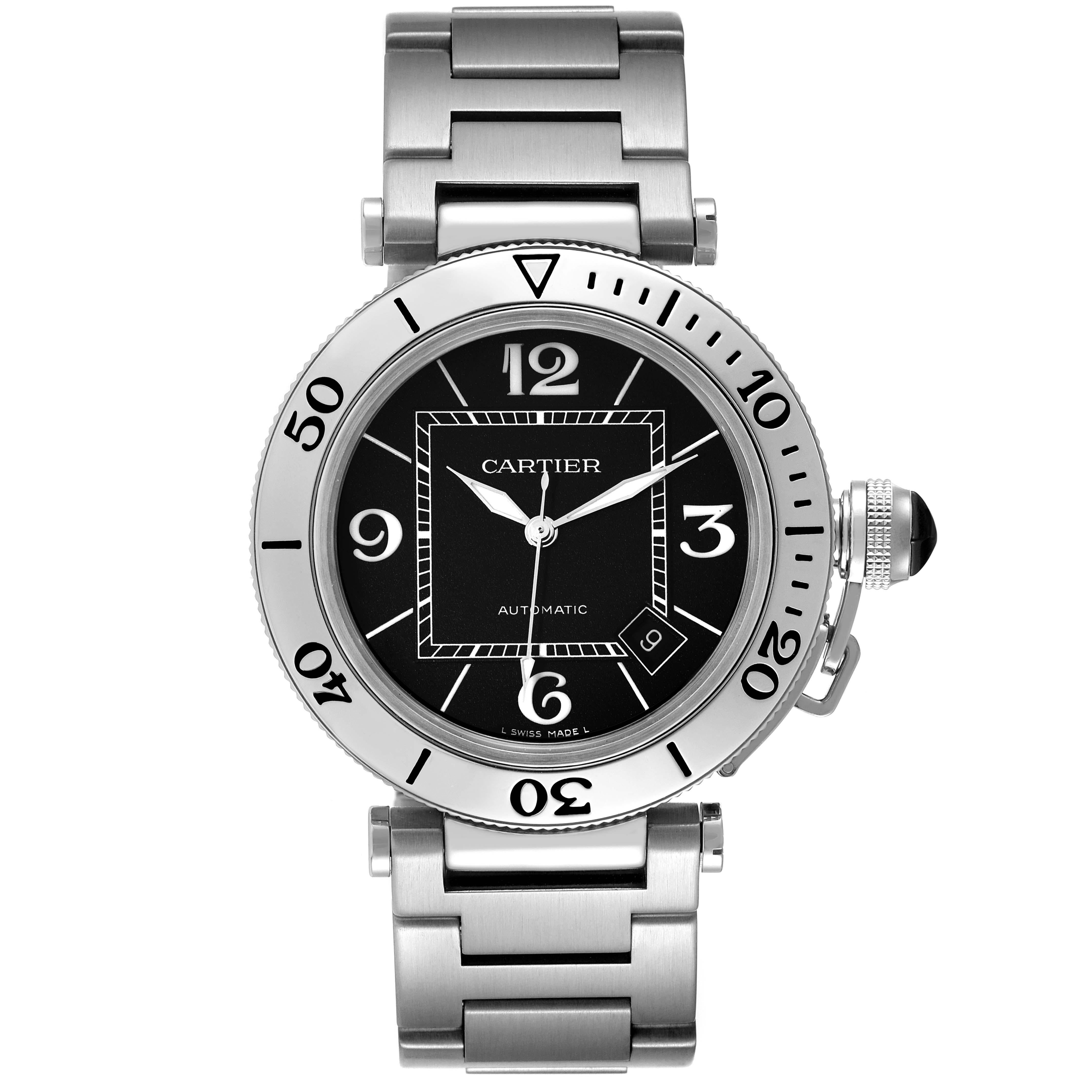 Cartier Pasha Seatimer Black Dial Automatic Steel Mens Watch W31077M7. Automatic self-winding movement. Caliber 049. Round stainless steel case 40.5 mm in diameter. Includes a screw down crown cover with a faceted black ceramic cabochon.