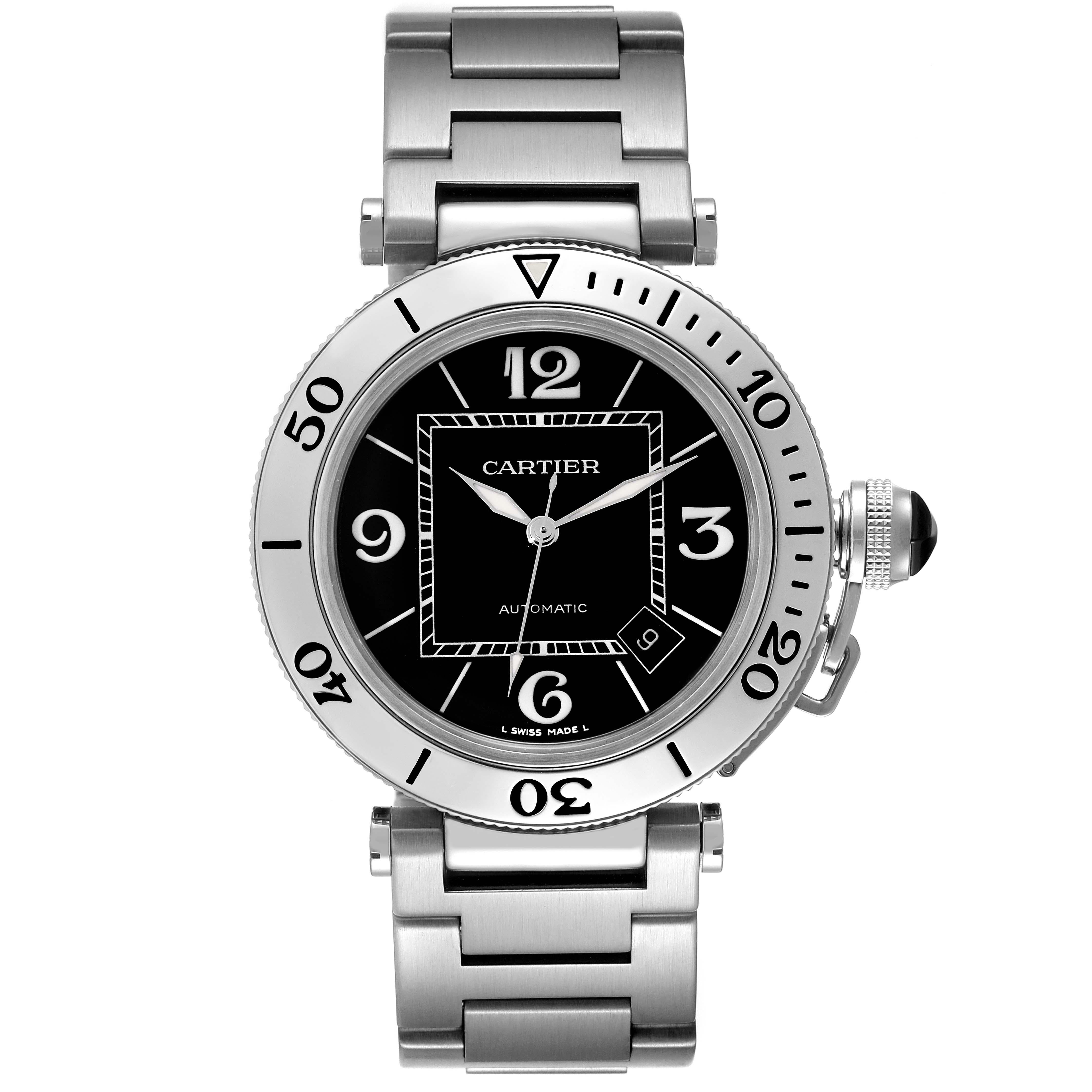 Cartier Pasha Seatimer Black Dial Automatic Steel Mens Watch W31077M7. Automatic self-winding movement. Round stainless steel case 40.5 mm in diameter. Includes a screw down crown cover with a faceted black ceramic cabochon. Unidirectional rotating