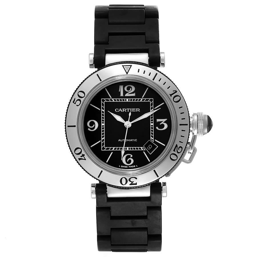 Cartier Pasha Seatimer Black Rubber Strap Steel Mens Watch W31077U2 Box. Automatic self-winding movement. Round stainless steel case 40.5 mm in diameter. Crown cover with black ceramic cabochon. Unidirectional rotative bezel with engraved Arabic