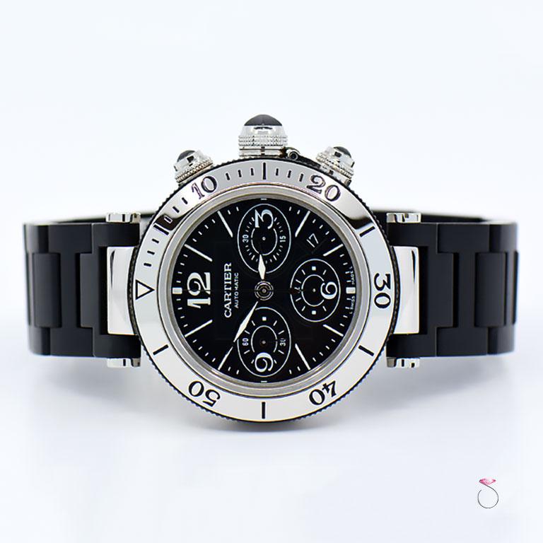 Cartier Pasha Seatimer 42 mm Automatic Chronograph stainless steel Watch. Stainless steel 42 mm case with closed case back. Cartier automatic movement.  Pasha stainless steel rotating bezel with black enameled Arabic Numerals. The dial is a very