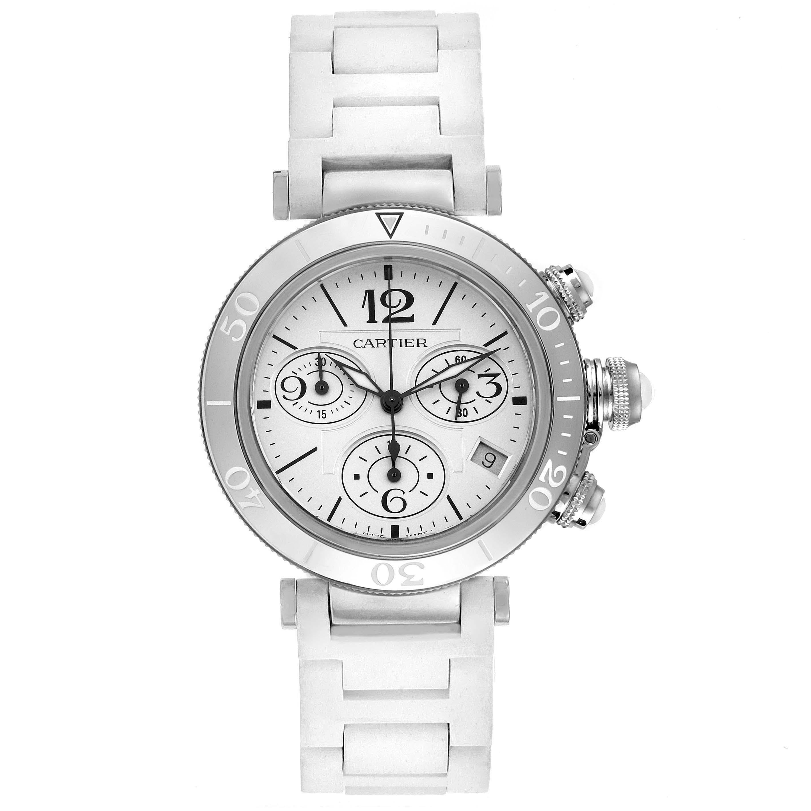 Cartier Pasha Seatimer Chronograph Rubber Strap Ladies Watch W3140005. Automatic self-winding chronograph movement. Stainless steel case 37 mm in diameter. Crown cover with white ceramic. Steel bezel with engraved arabic numerals. Scratch resistant