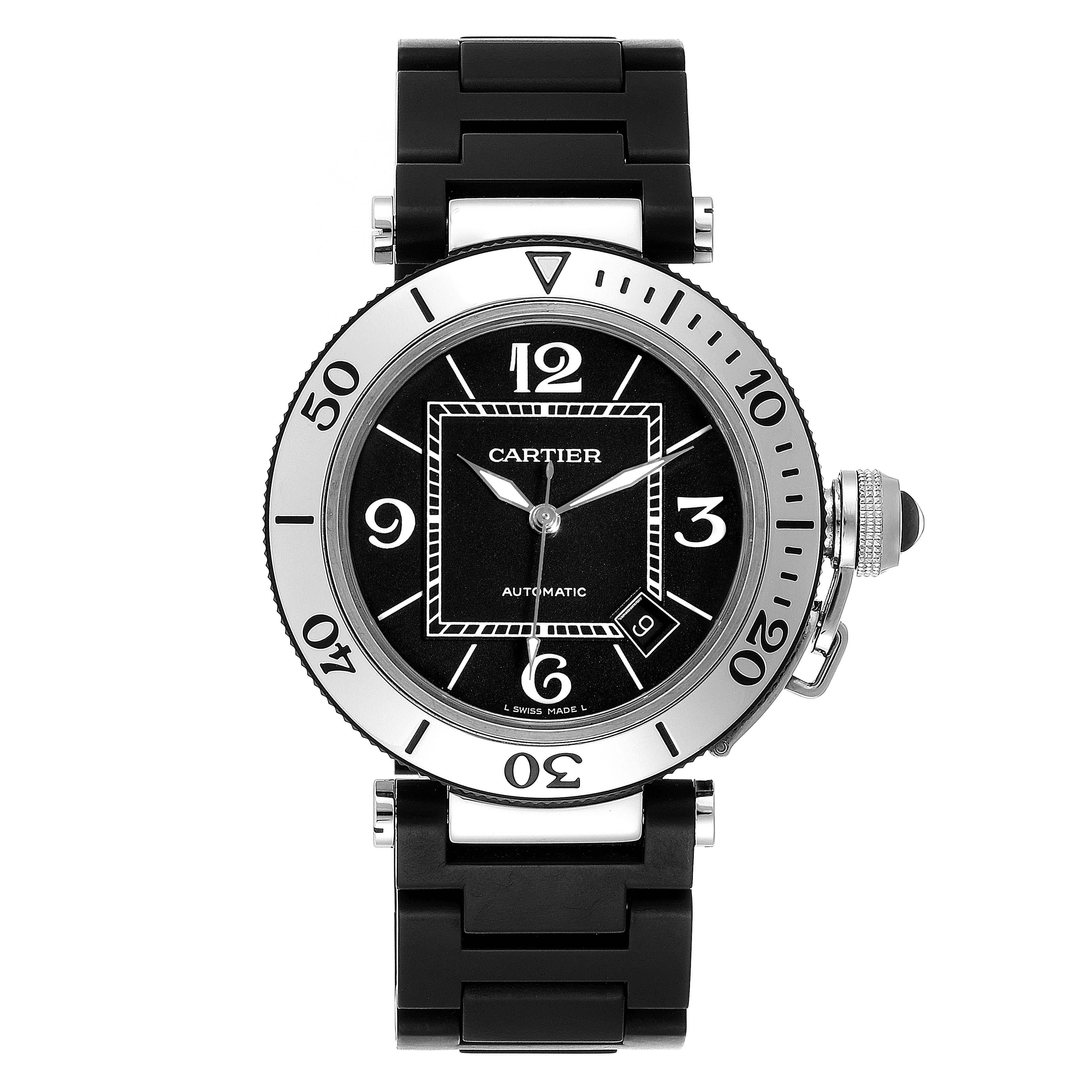 Cartier Pasha Seatimer Chronograph Rubber Strap Watch W31088U2 Box. Automatic self-winding movement. Stainless steel case 41.5 mm in diameter. Crown cover with black spinel. Unidirectional rotative bezel with engraved arabic numerals. Scratch