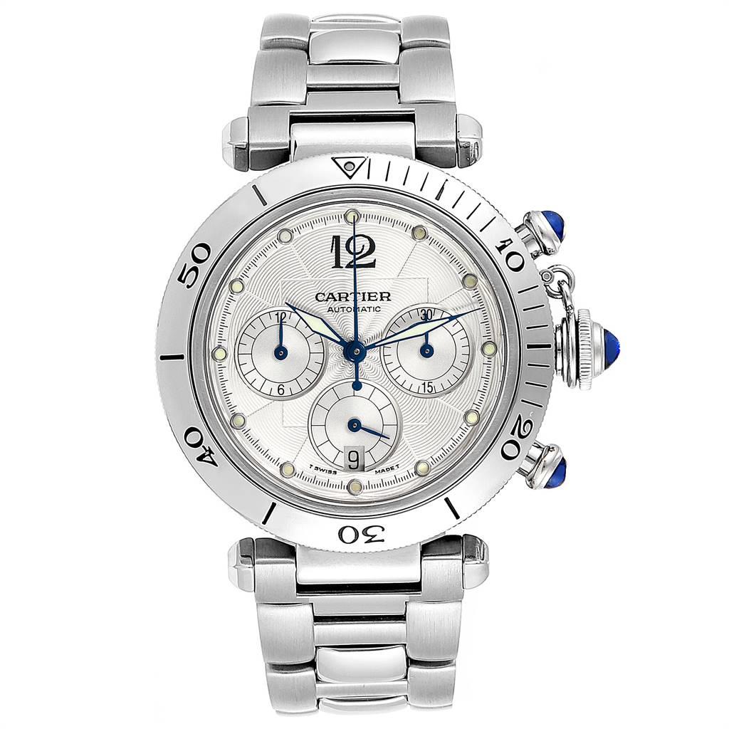 Cartier Pasha Seatimer Chronograph Steel Mens Watch W31030H3. Automatic self-winding movement. Caliber 049. Round stainless steel case 38.0 mm in diameter. Crown cover with blue spinel. Transparent case back. Unidirectional rotating bezel with