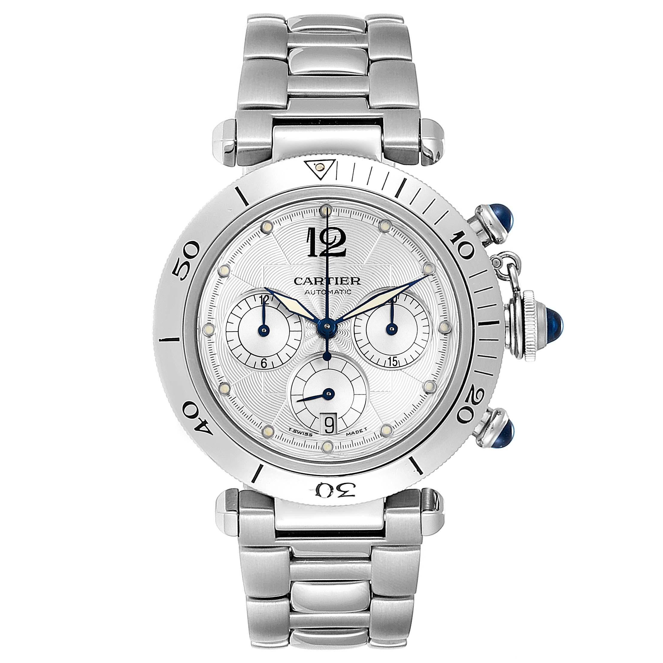 Cartier Pasha Seatimer Chronograph Steel Mens Watch W31030H3. Automatic self-winding movement. Caliber 049. Round stainless steel case 38.0 mm in diameter. Crown cover with blue spinel. Transparent case back. Unidirectional rotating bezel with