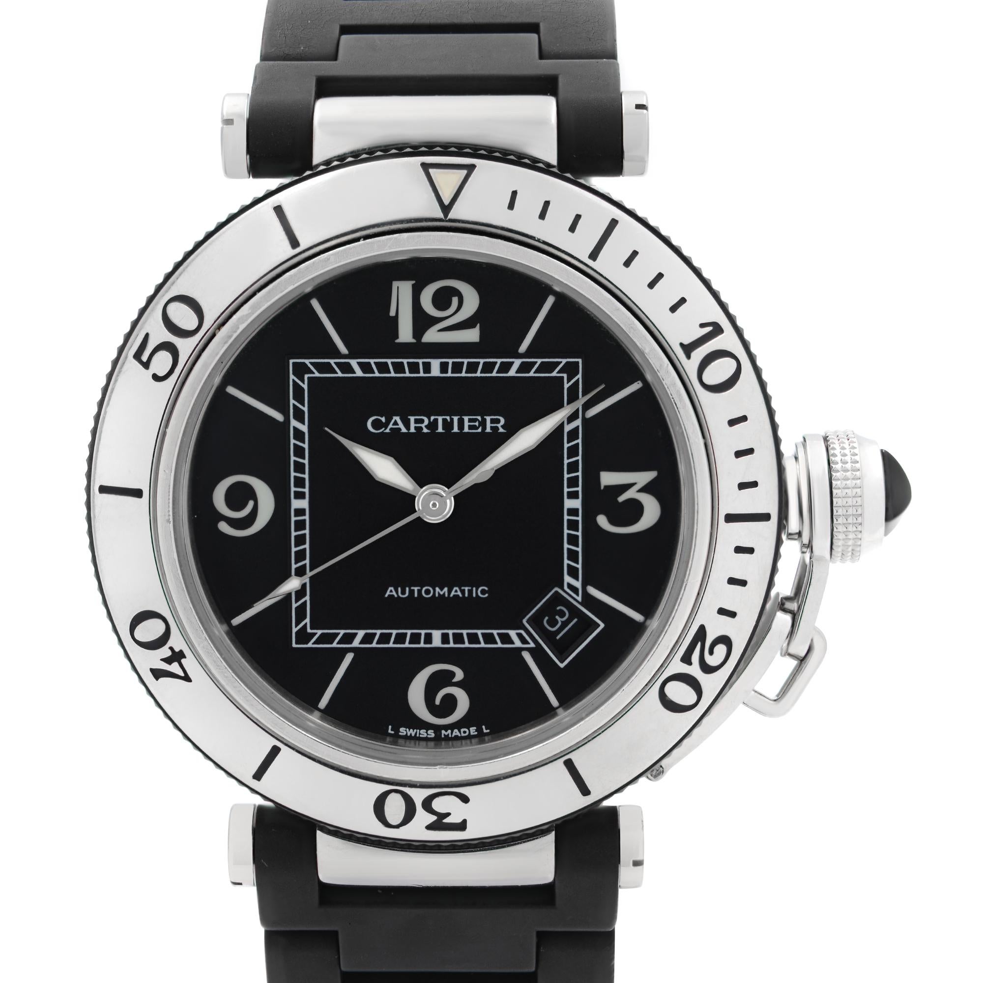 Pre Owned Cartier Pasha Seatimer Stainless Steel Black Dial Rubber Men's Watch W31077U2. This Beautiful Timepiece is Powered by Mechanical (Automatic) Movement And Features: Round Stainless Steel Case with a Black Rubber Covered Stainless Steel
