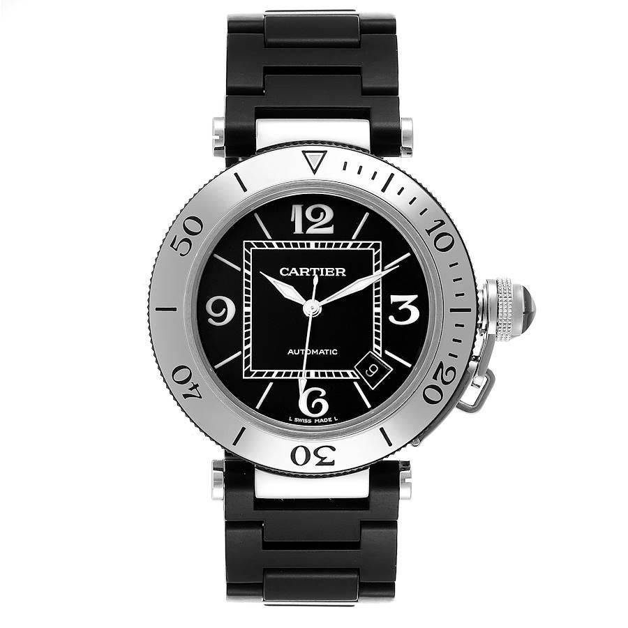 Cartier Pasha Seatimer Steel Black Rubber-Coated Bracelet Mens Watch W31077U2. Automatic self-winding movement. Round stainless steel case 40.5 mm in diameter. Crown cover with black ceramic cabochon. Unidirectional rotating dive bezel with engraved