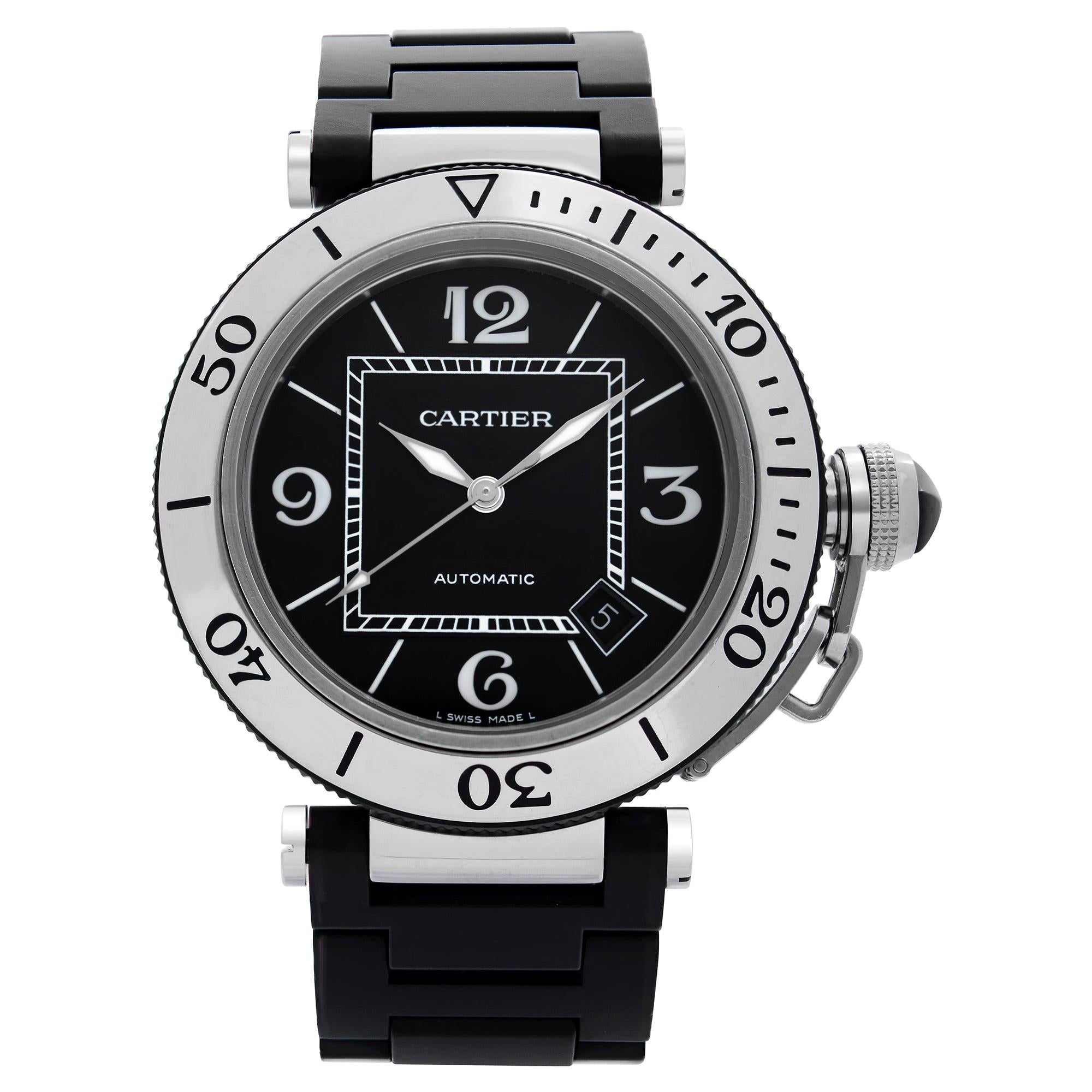 Cartier Pasha Seatimer Steel Rubber Black Dial Automatic Mens Watch W31077U2