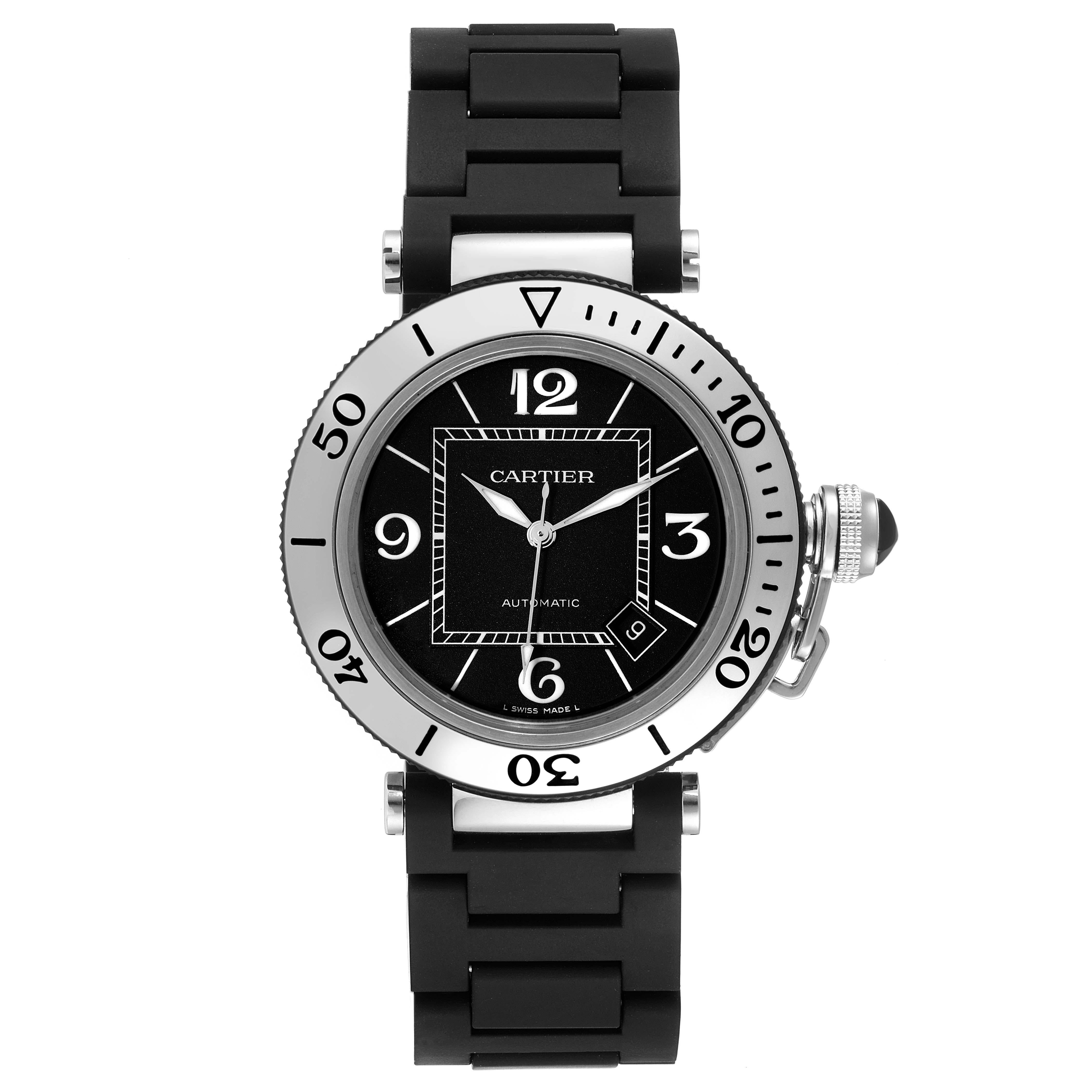 Cartier Pasha Seatimer Steel Rubber Bracelet Mens Watch W31077U2 Papers. Automatic self-winding movement. Round stainless steel case 40.5 mm in diameter. Crown cover with black ceramic cabochon. Unidirectional rotating dive bezel with engraved