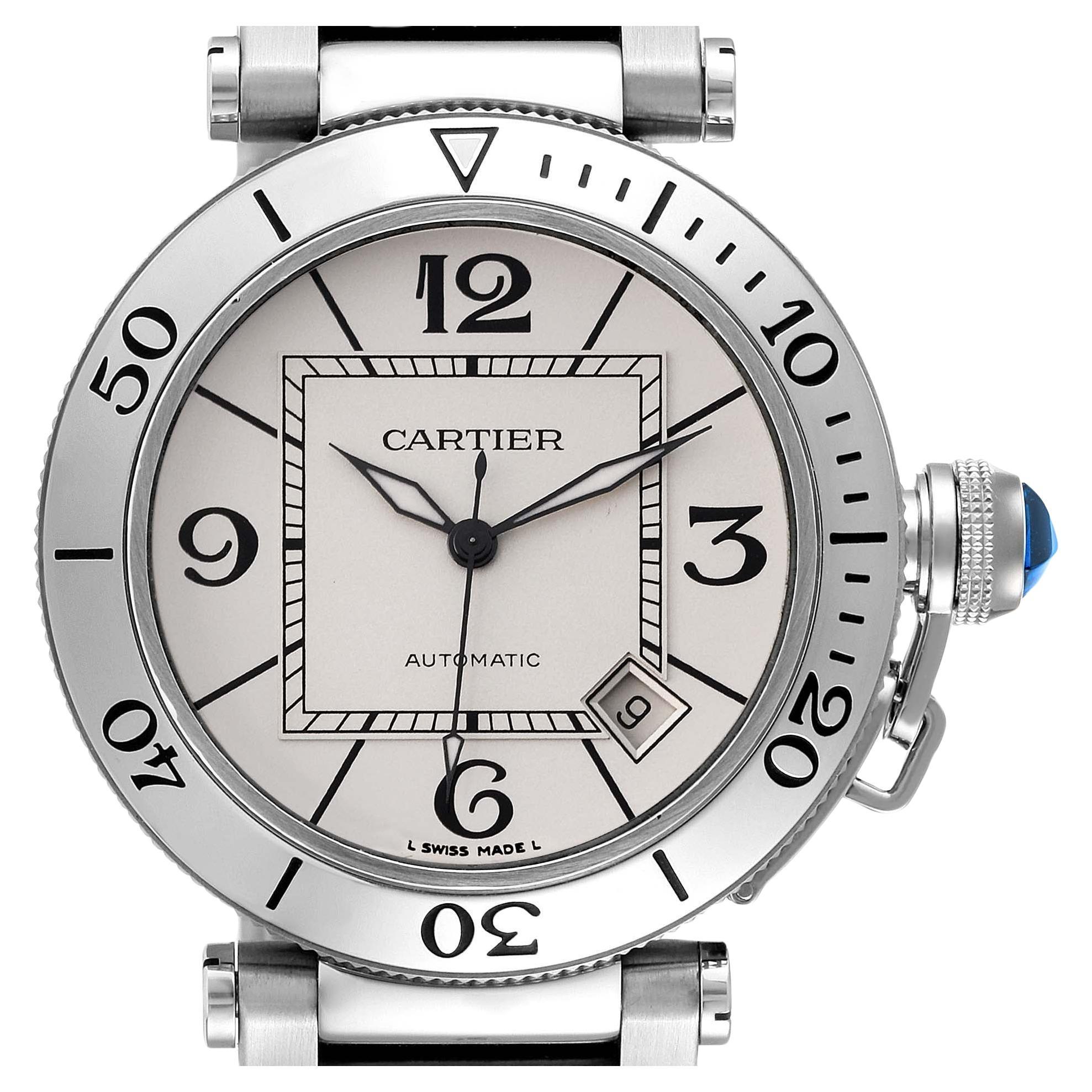 Cartier Pasha Seatimer Steel Silver Dial Mens Watch W31080M7 Box Papers