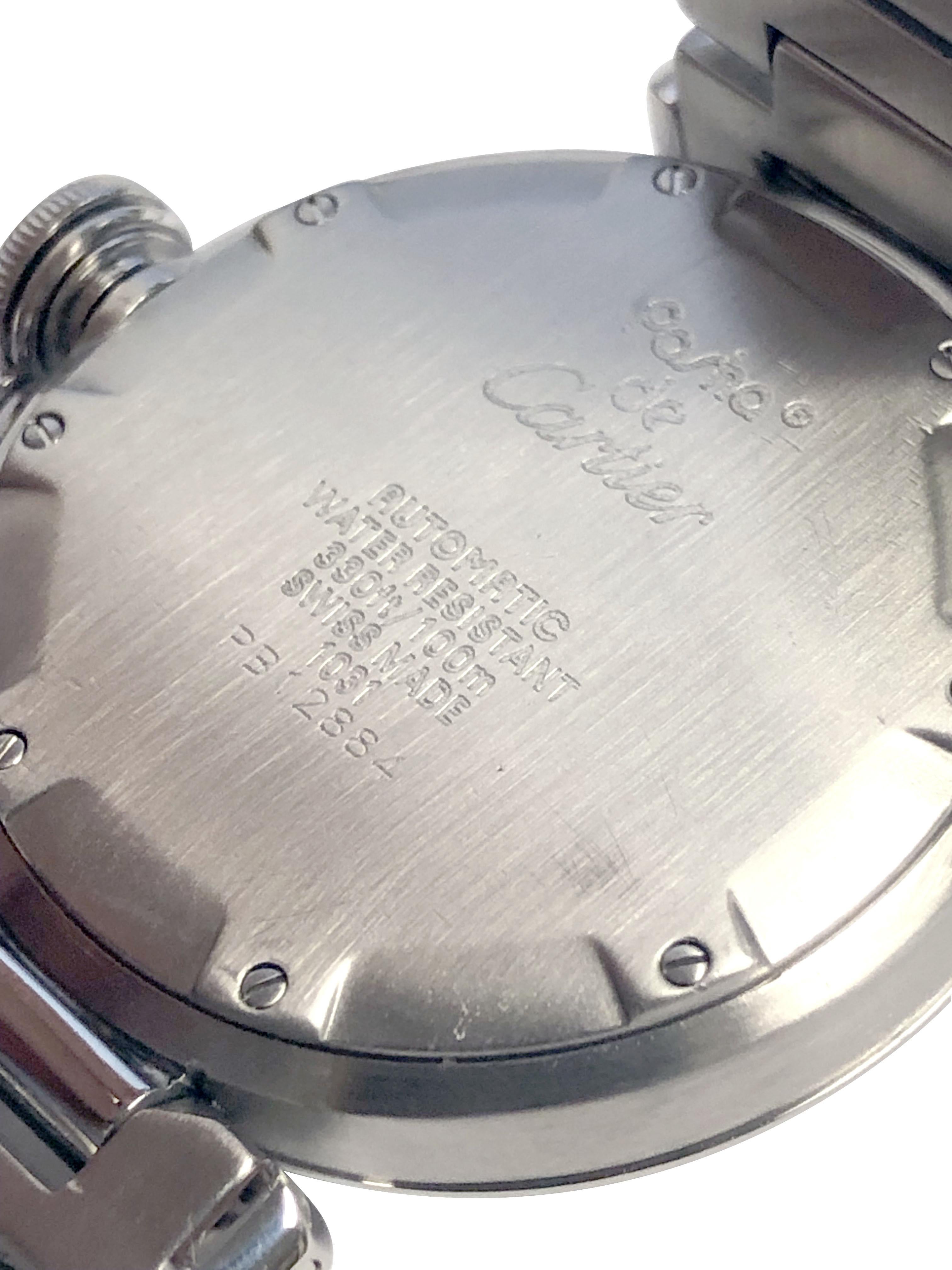 Circa 2005 Cartier Pasha Reference 1031 Wrist Watch,  35 M.M. Stainless Steel 3 piece water resistant case with watertight lock down Crown. Automatic, self winding movement. Silver satin dial with Raised Silver Markers, Calendar window at the 5