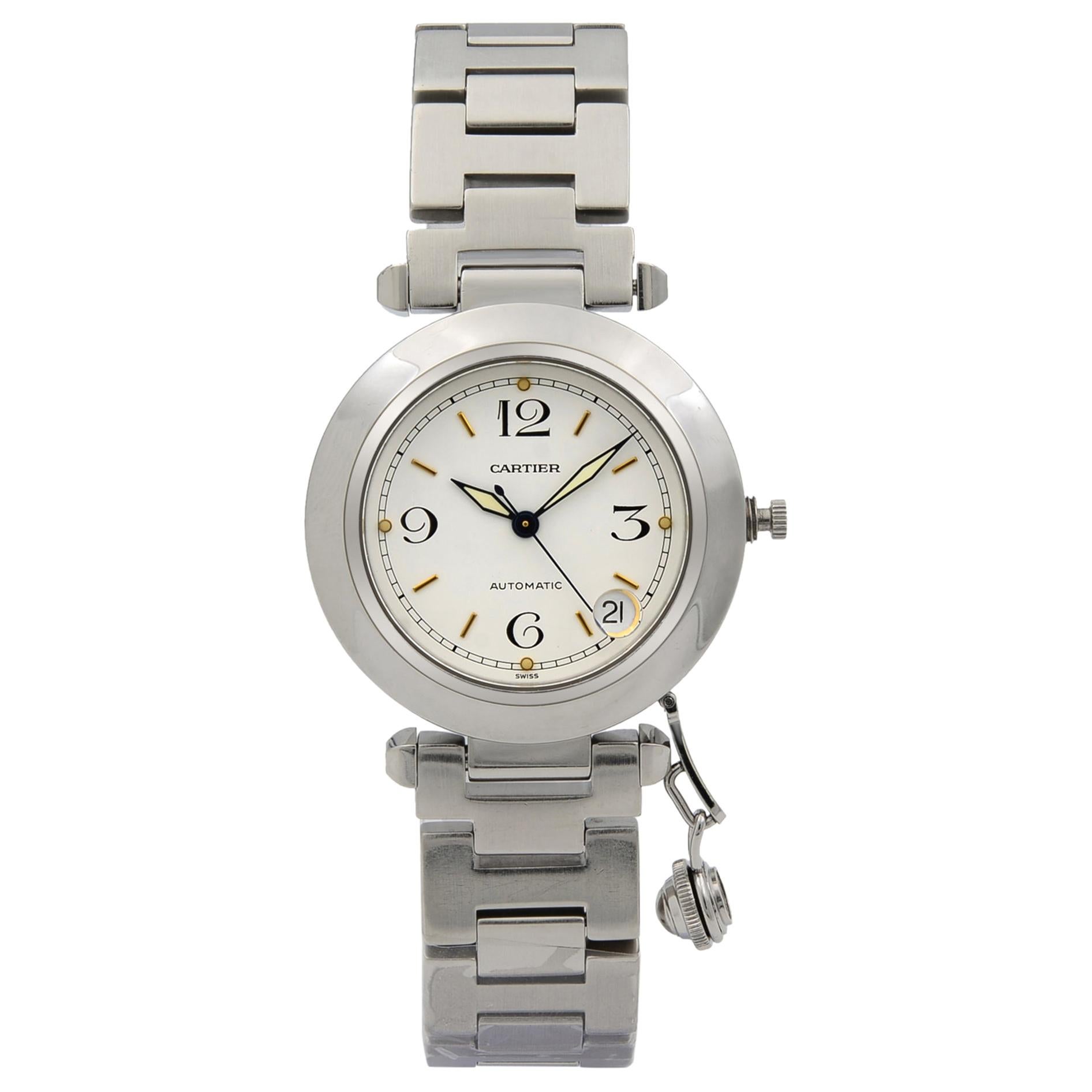 Cartier Pasha Edelstahl weißes Zifferblatt automatische mittelgroße Uhr 1031