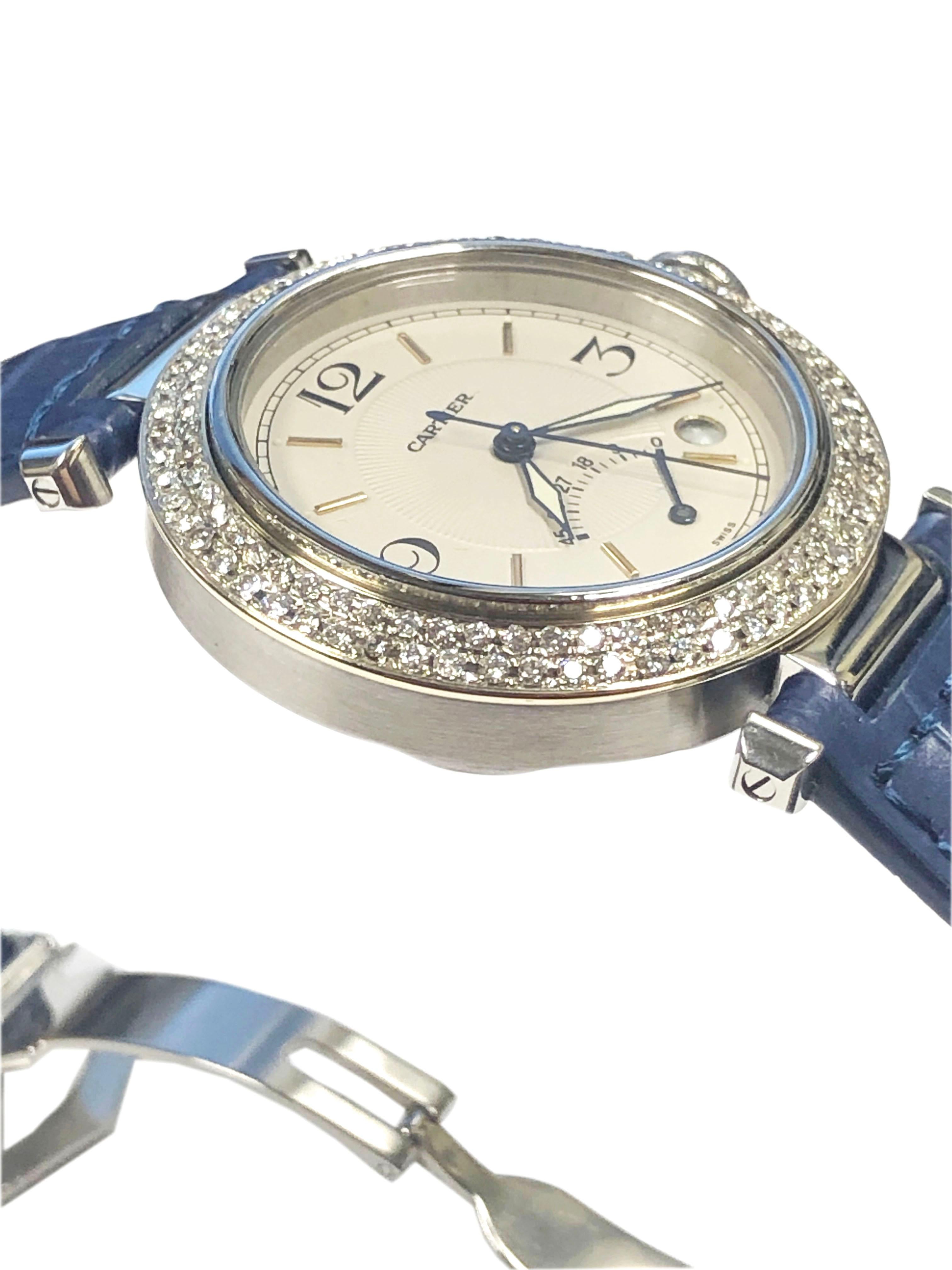 Circa 2000 Cartier Pasha Reference 1033 Wrist Watch, 38 M.M. 3 Piece Stainless Steel Water Resistant case, with after factory high quality Double row Diamond Bezel, approximately 2 Carats. Screw Down Water Proof Sapphire set Crown. Automatic Self