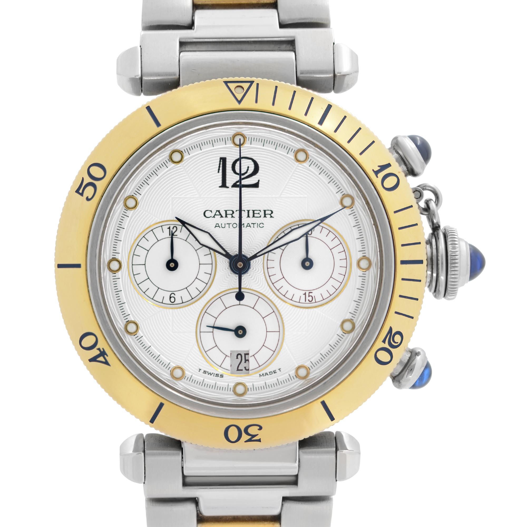 Pre Owned Cartier Pasha Stainless Steel Gold Chronograph Silver Dial Men's Watch W31036T6 This Beautiful Timepiece Features: Stainless Steel Case with a Stainless Steel and 18k Gold Bracelet, Unidirectional 18k Gold Bezel, Silver Dial with Luminous
