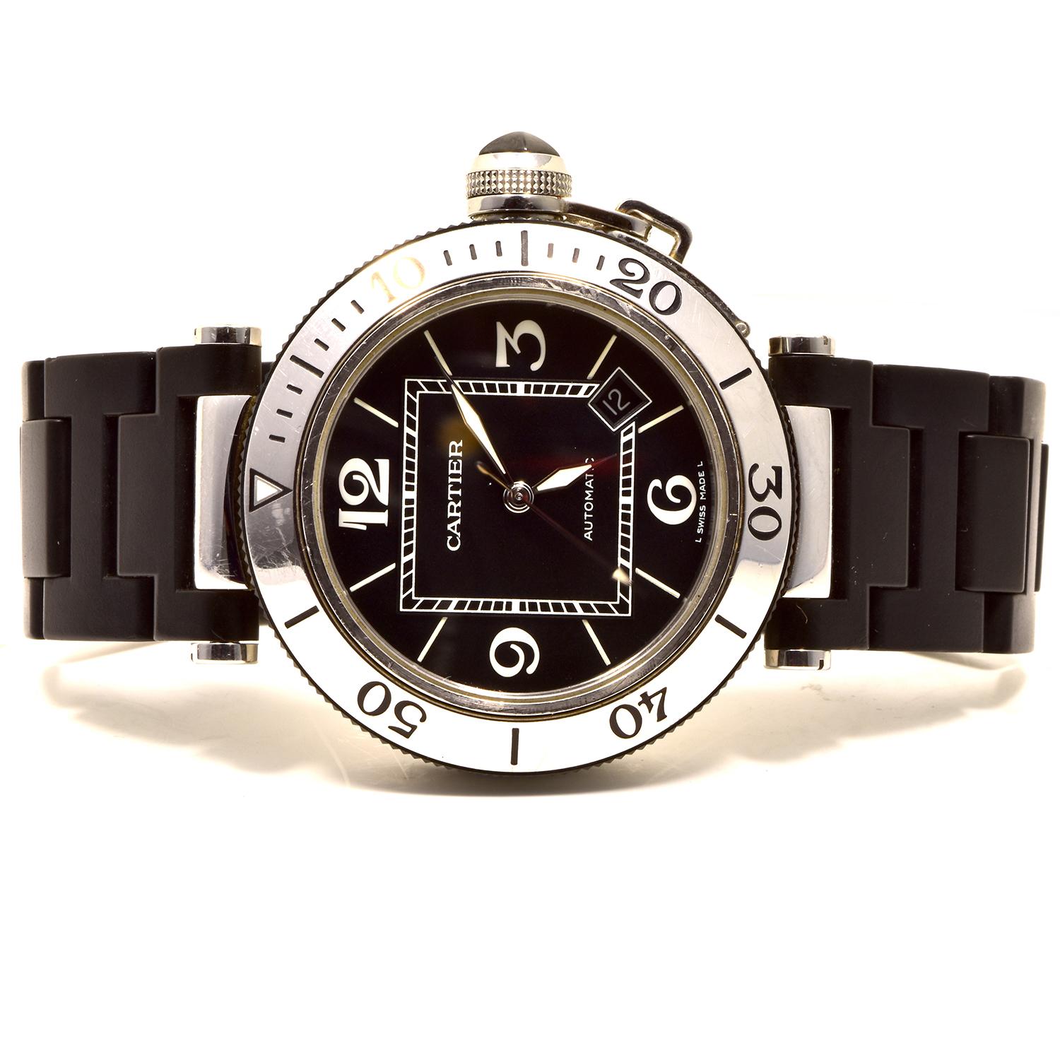 Cartier Pasha Stahl Seatimer Schwarze Banduhr aus Stahl im Zustand „Gut“ in Miami, FL