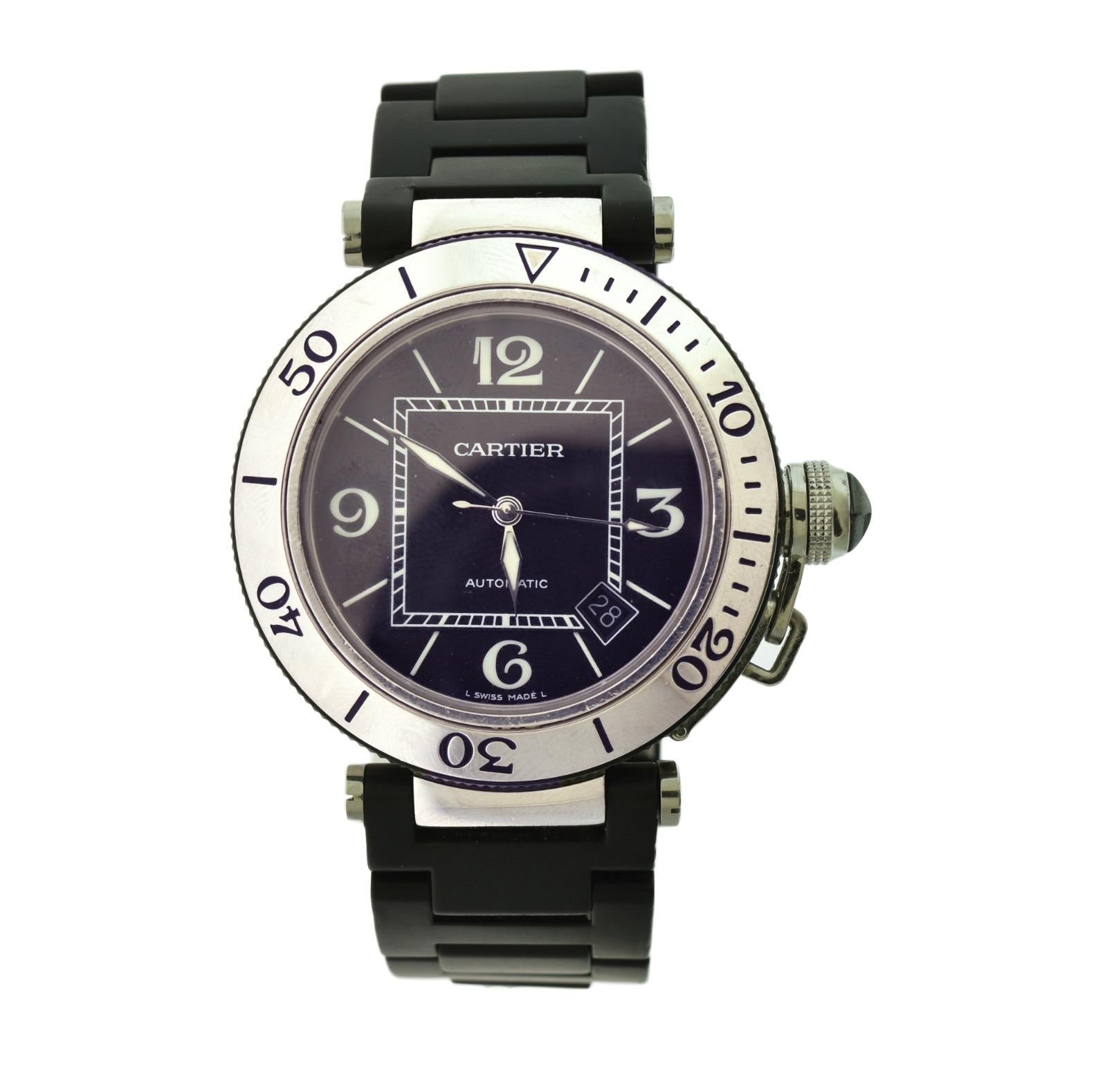 Cartier Pasha Stahl Seatimer Schwarze Banduhr aus Stahl 1