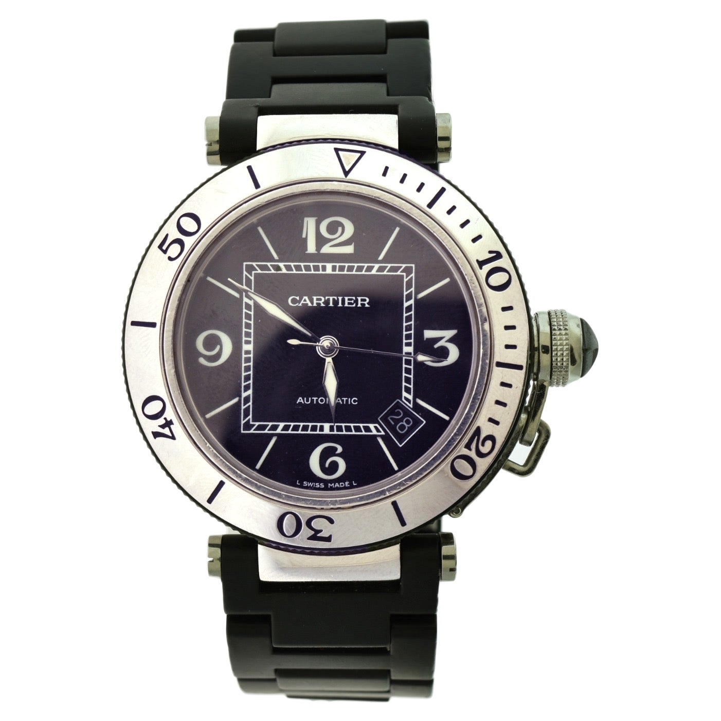 Cartier Pasha Stahl Seatimer Schwarze Banduhr aus Stahl