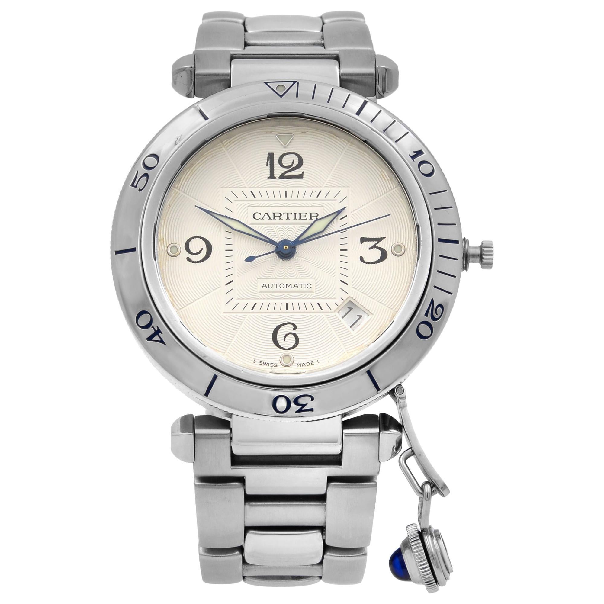 Cartier Pasha Steel Silver Arabic Guilloche Dial Automatic Men's Watch 2379
