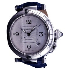 Cartier Pasha Steel Silver Arabic Guilloche Dial Automatic Men's Watch 2379