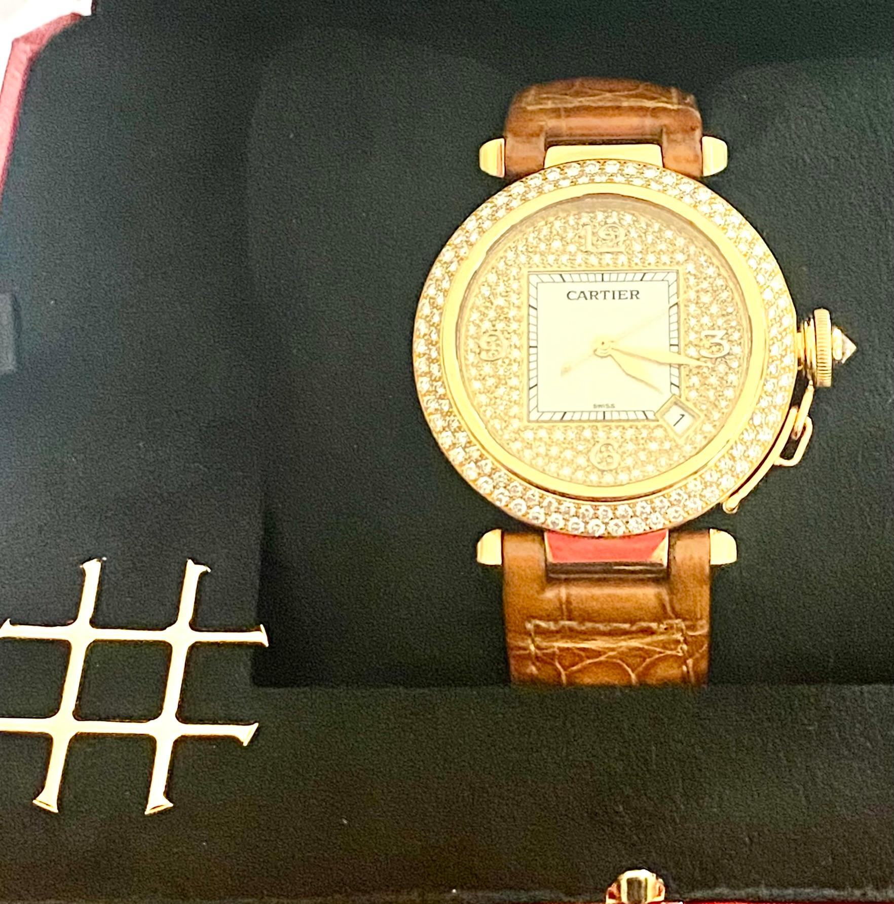 Cartier Pasha Watch, 18 Kt Yellow Gold Original Diamonds Pave Set 6