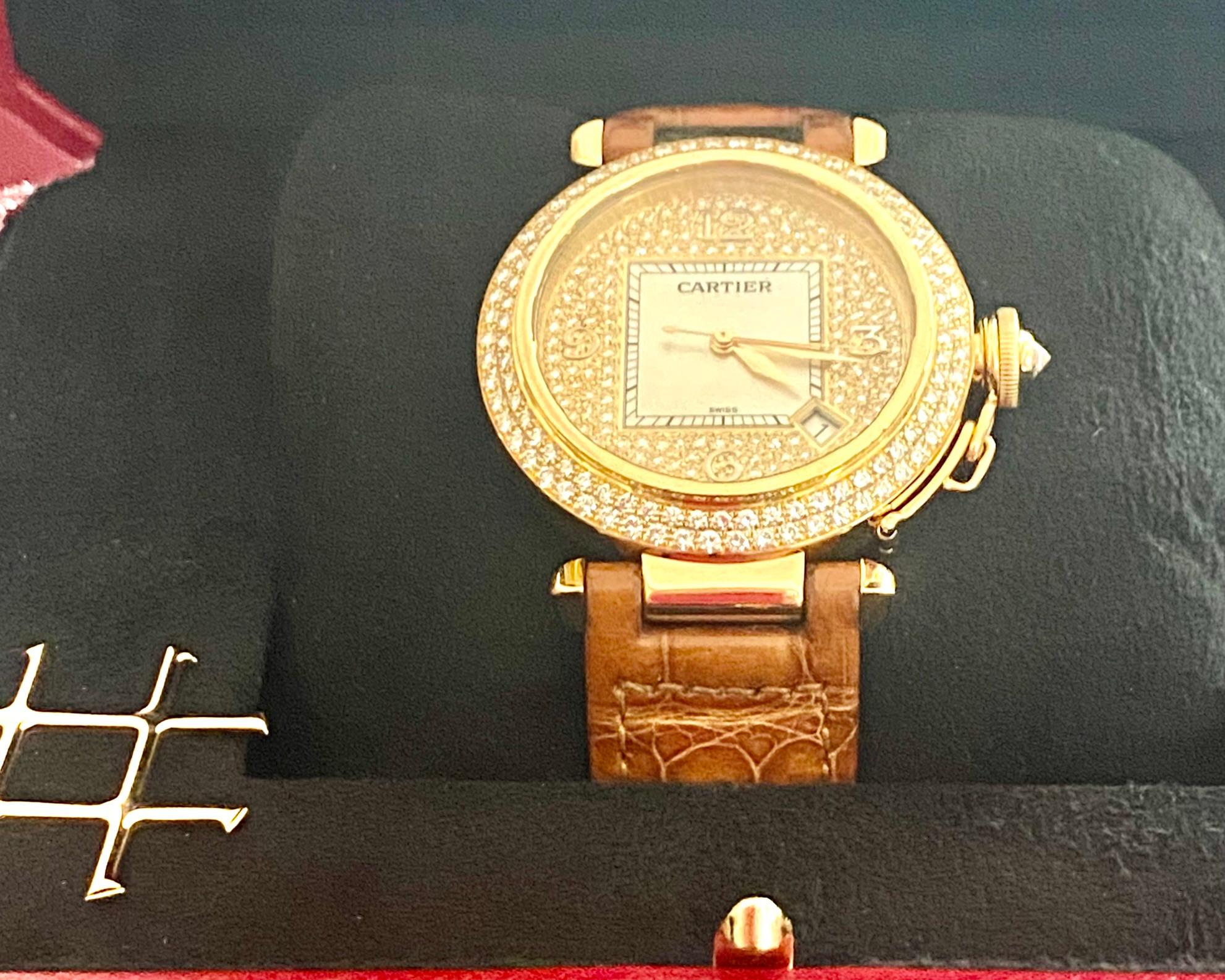 Cartier Pasha Watch, 18 Kt Yellow Gold Original Diamonds Pave Set 7