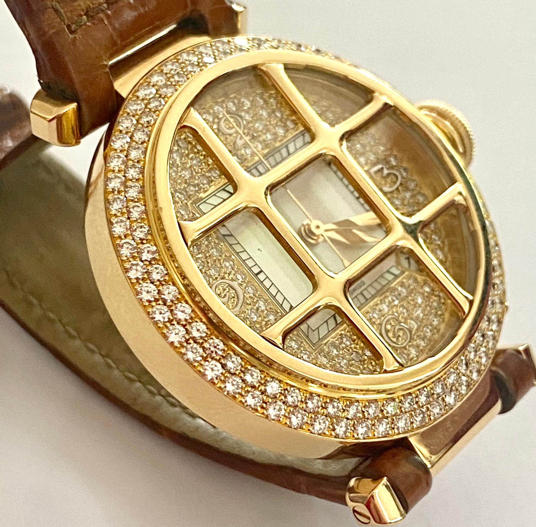 Cartier Pasha watch, 38mm. 18 kt yellow gold original diamonds set Pave.
Original yellow gold Grill (demountable)
Strap: leather with yellow gold folding clasp
Dial: Mother of pearl and brilliant diamonds / 4/4 Arabic numerals
This timepiece was