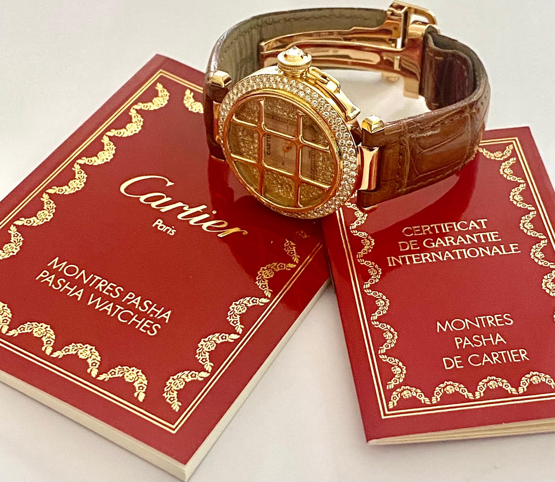 Cartier Pasha Watch, 18 Kt Yellow Gold Original Diamonds Pave Set In Good Condition In Heerlen, NL