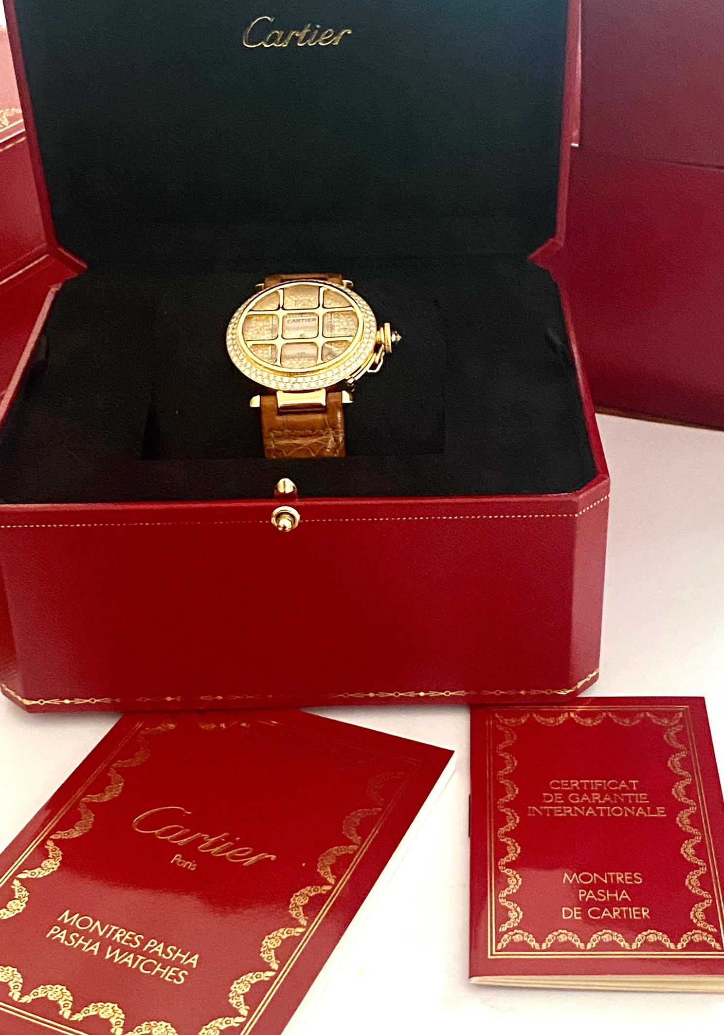 Women's or Men's Cartier Pasha Watch, 18 Kt Yellow Gold Original Diamonds Pave Set