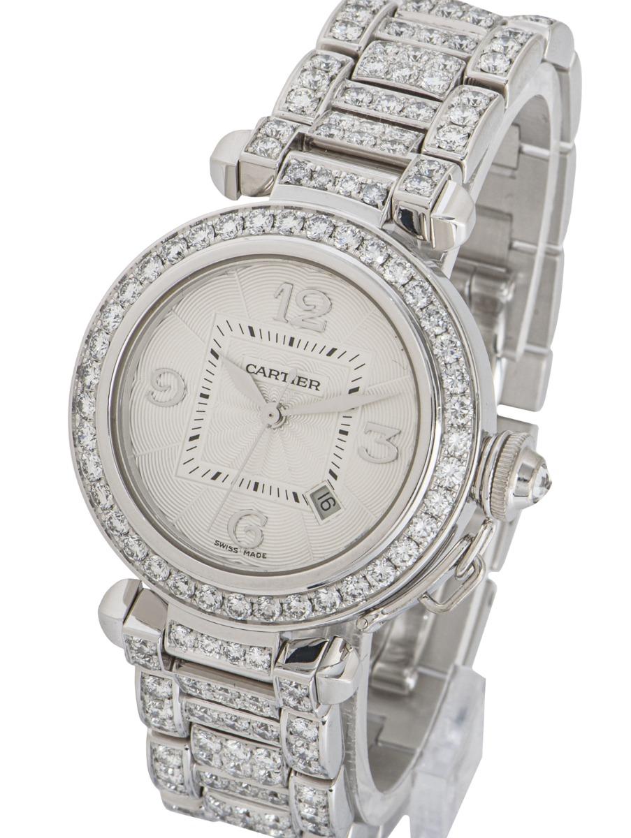 Round Cut Cartier Pasha White Gold Fully Loaded Diamond Set Watch For Sale
