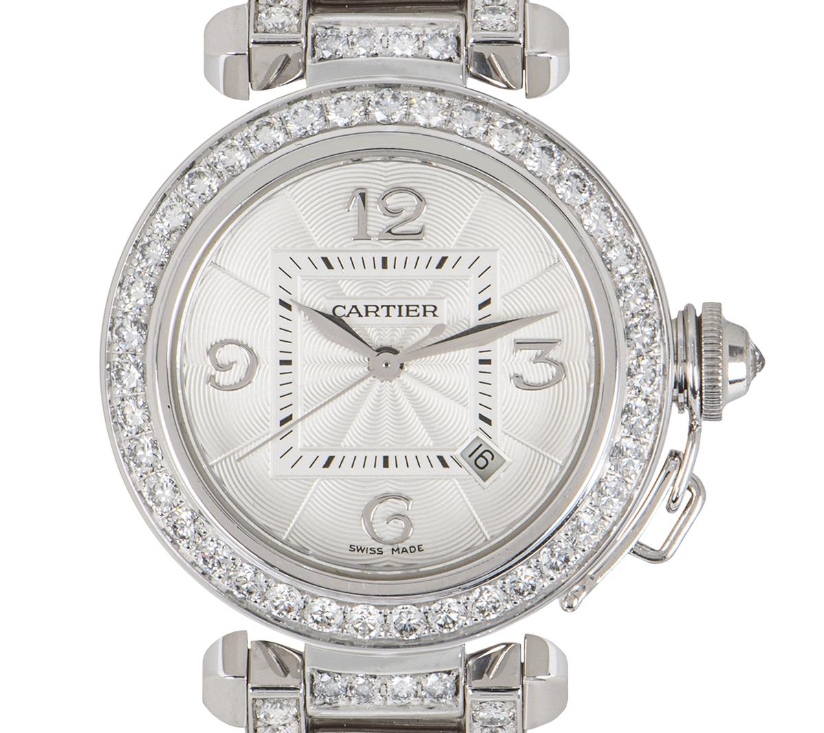 Cartier: Uhr Pasha, Weißgold Vollständig mit Diamanten besetzt Damen im Angebot