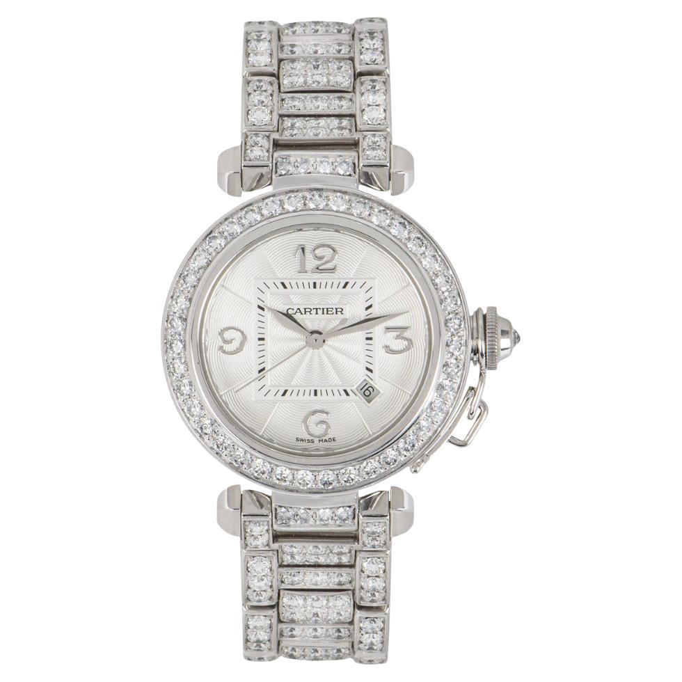 Cartier Pasha White Gold Fully Loaded Diamond Set Watch For Sale