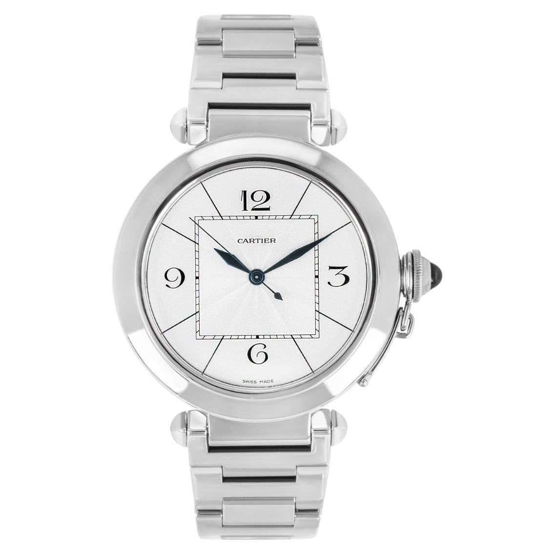 Cartier Pasha White Gold Silver Guilloche Centre W30187M9 For Sale