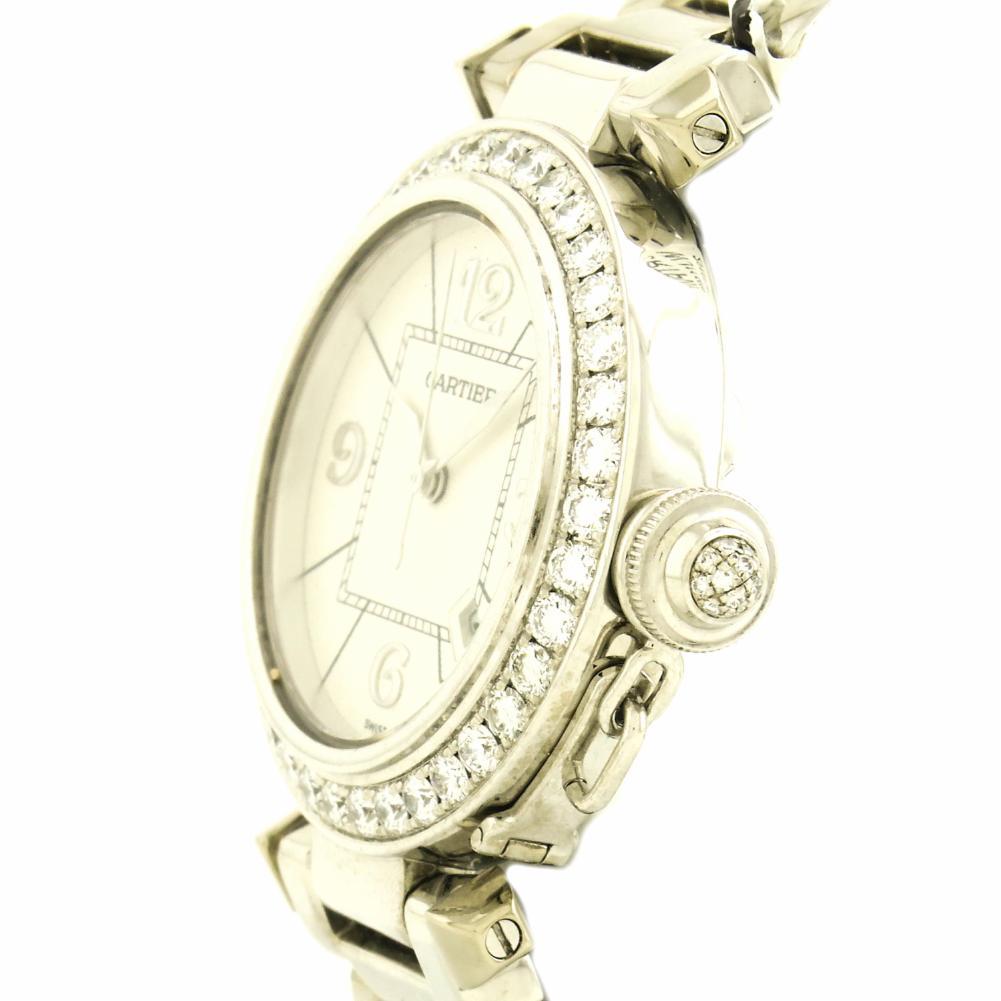 Contemporary Cartier Pasha WJ1116M9 18 Karat White Gold Factory Diamond Bezel Women's Watch