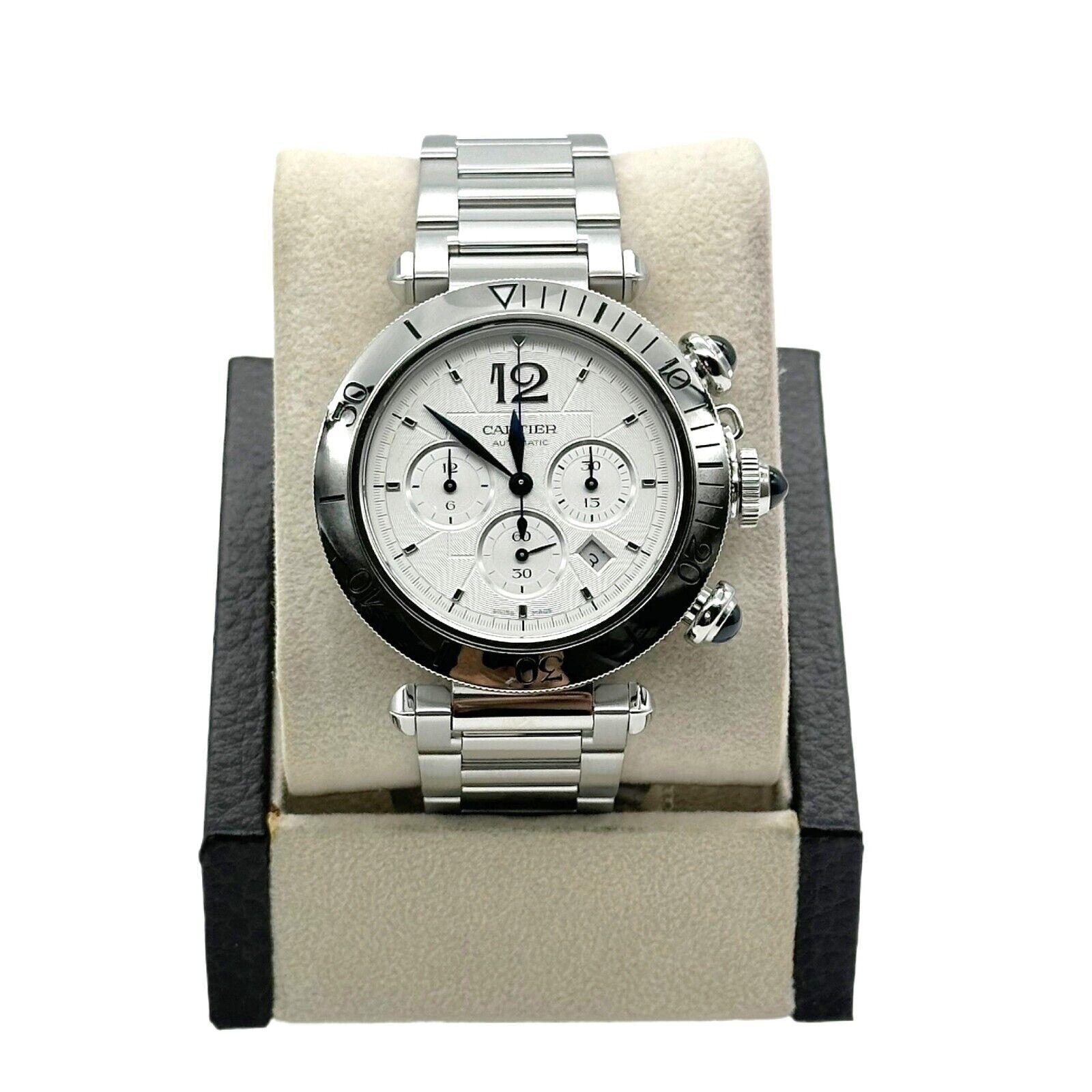 Women's or Men's Cartier Pasha WSPA0018 Chronograph Ref 4363 Chronograph Stainless Box Paper For Sale