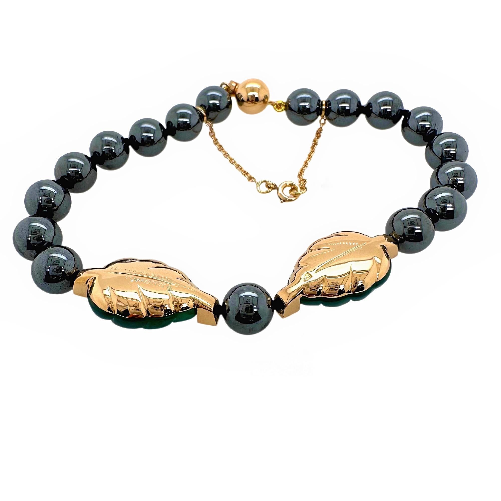 Cartier Patiala Hematite Beads with Carved Green Chalcedony Leaves Bracelet YG For Sale 2