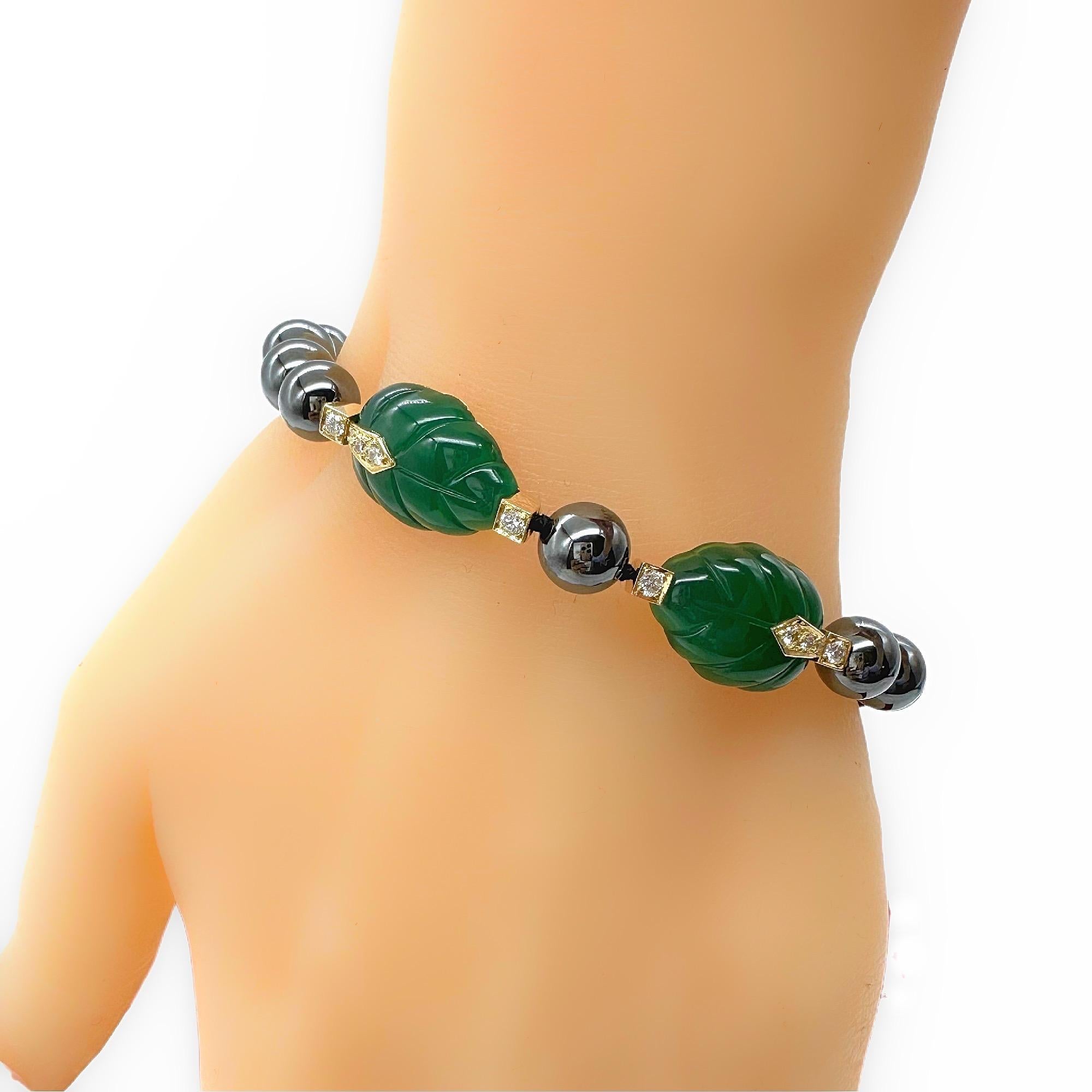 Cartier Patiala Hematite Beads with Carved Green Chalcedony Leaves Bracelet YG For Sale 3